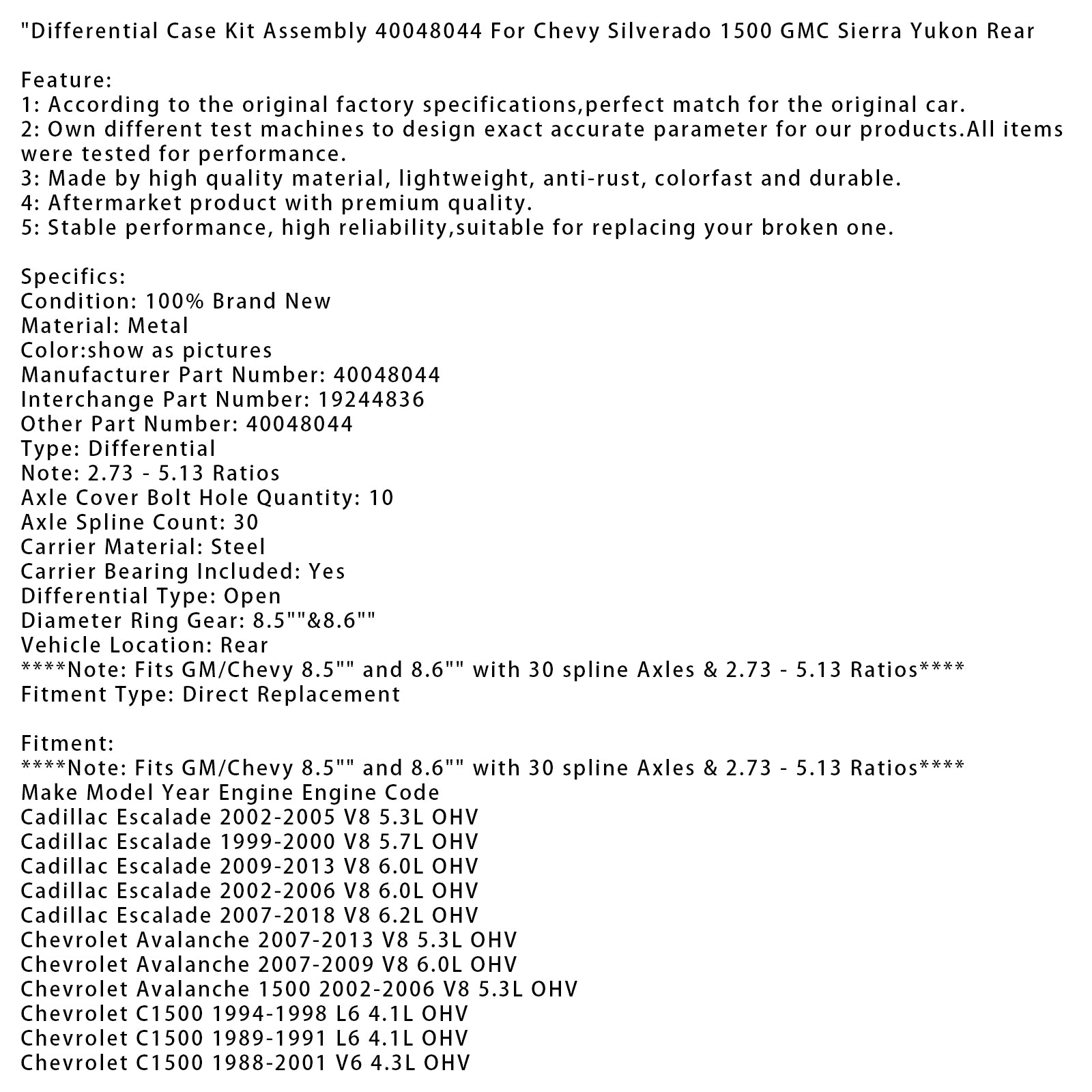 1992-2000 GMC Yukon V8 5.7L OHV Differensial Case Kit Assembly 40048044