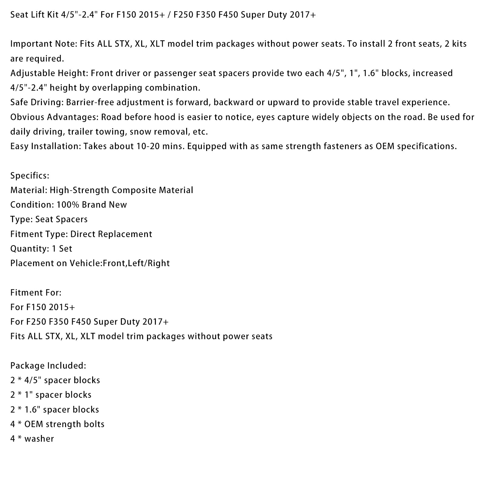 Seat Lift Kit 4/5"-2.4" For F150 2015+ / F250 F350 F450 Super Duty 2017+