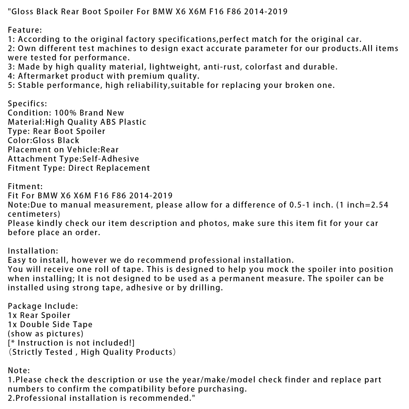 2014-2019 BMW X6 X6M F16 F86 Gloss Black Rear Boot Spoiler