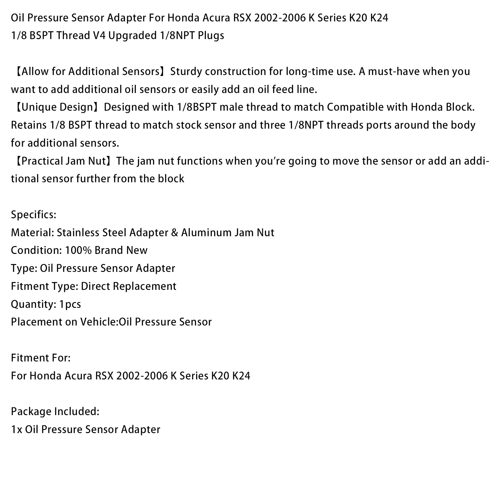 2002-2006 Honda Acura RSX K Series K20 K24 Oil Pressure Sensor Adapter
