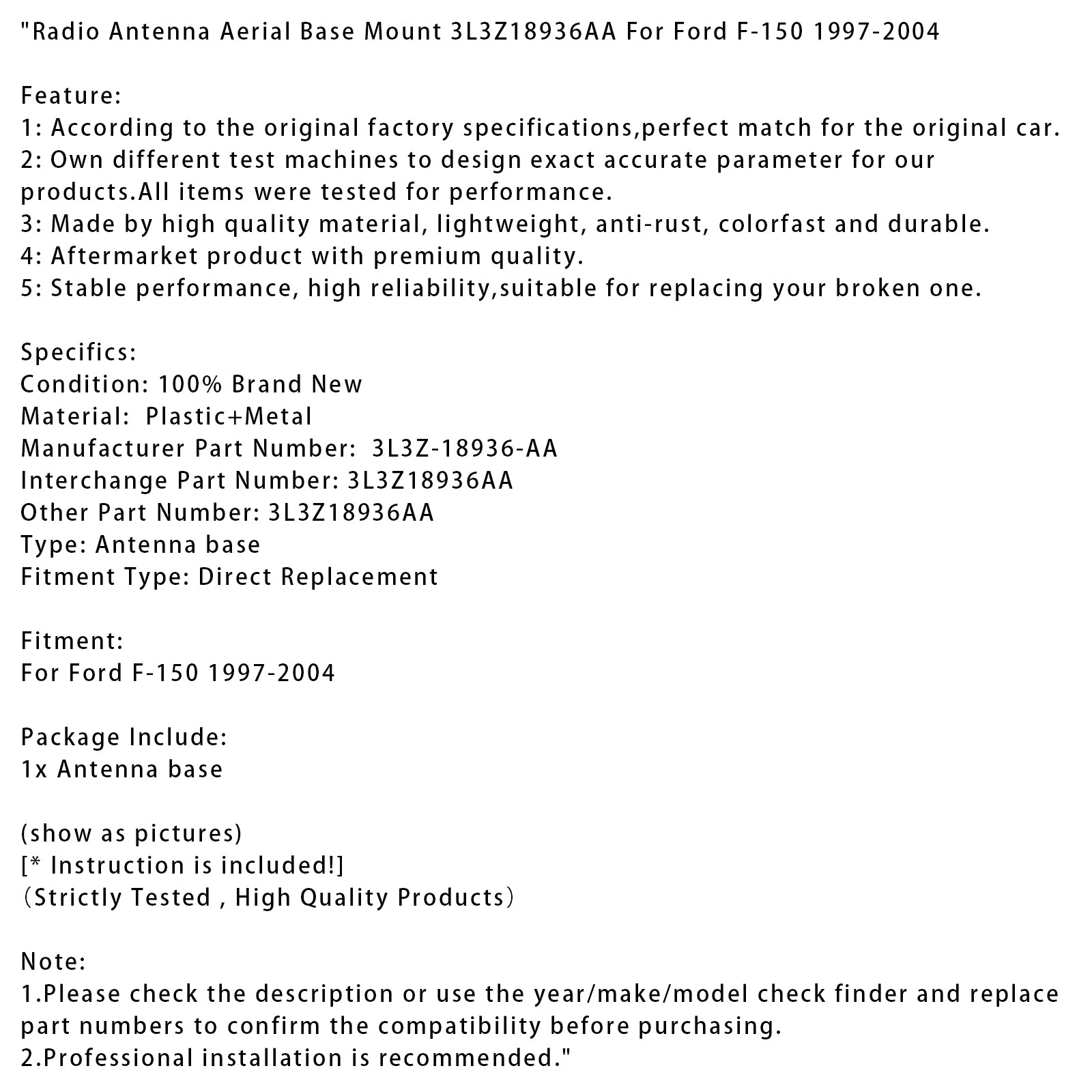 1997-2004 Ford F-150 Radio Antenne Base aérienne MONT 3L3Z18936AA