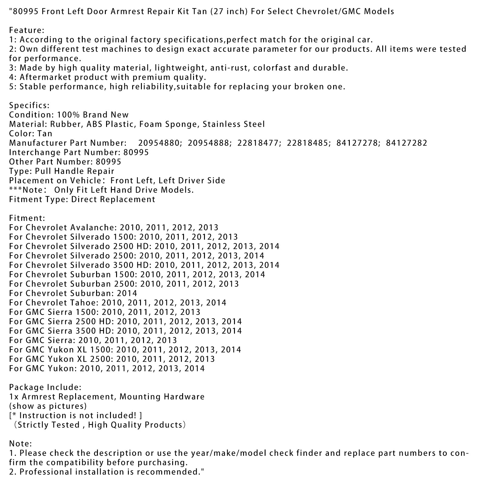 80995 Främst till vänster dörr armstöd reparationssats (27 tum) för utvalda chevrolet/gmc