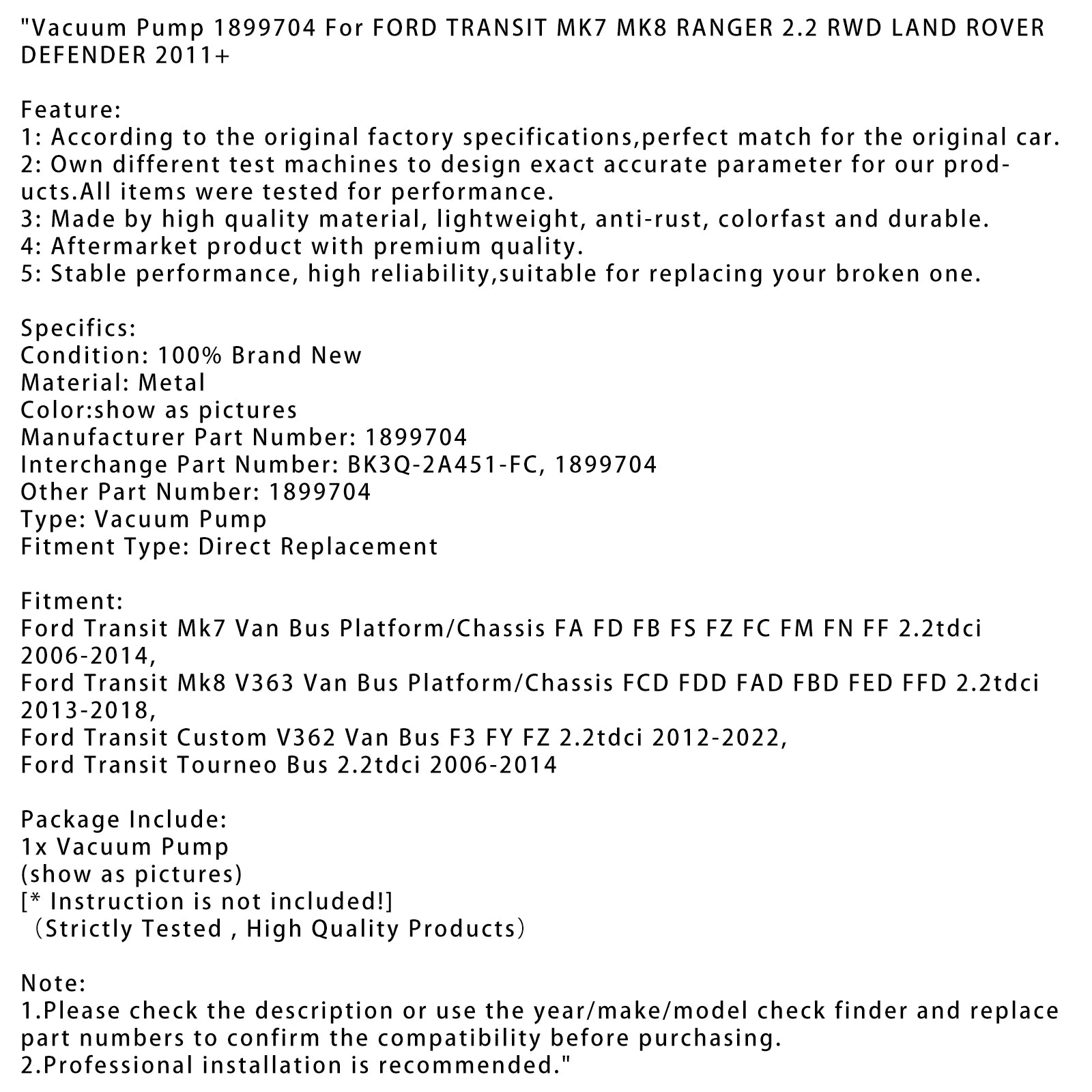 2012-2022 Ford Transit Custom V362 Van Bus F3 FY FZ 2.2tdci Vacuum Pump 1899704