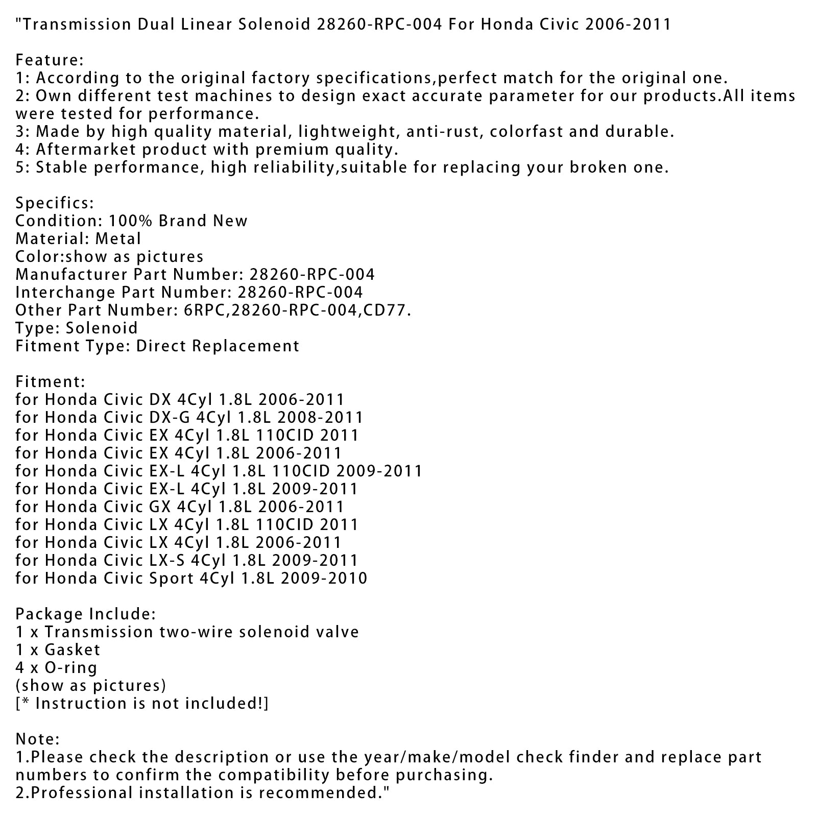 2008-2011 Honda Civic DX-G 4cyl 1,8L prenosový duálny lineárny solenoid 28260-RPC-004