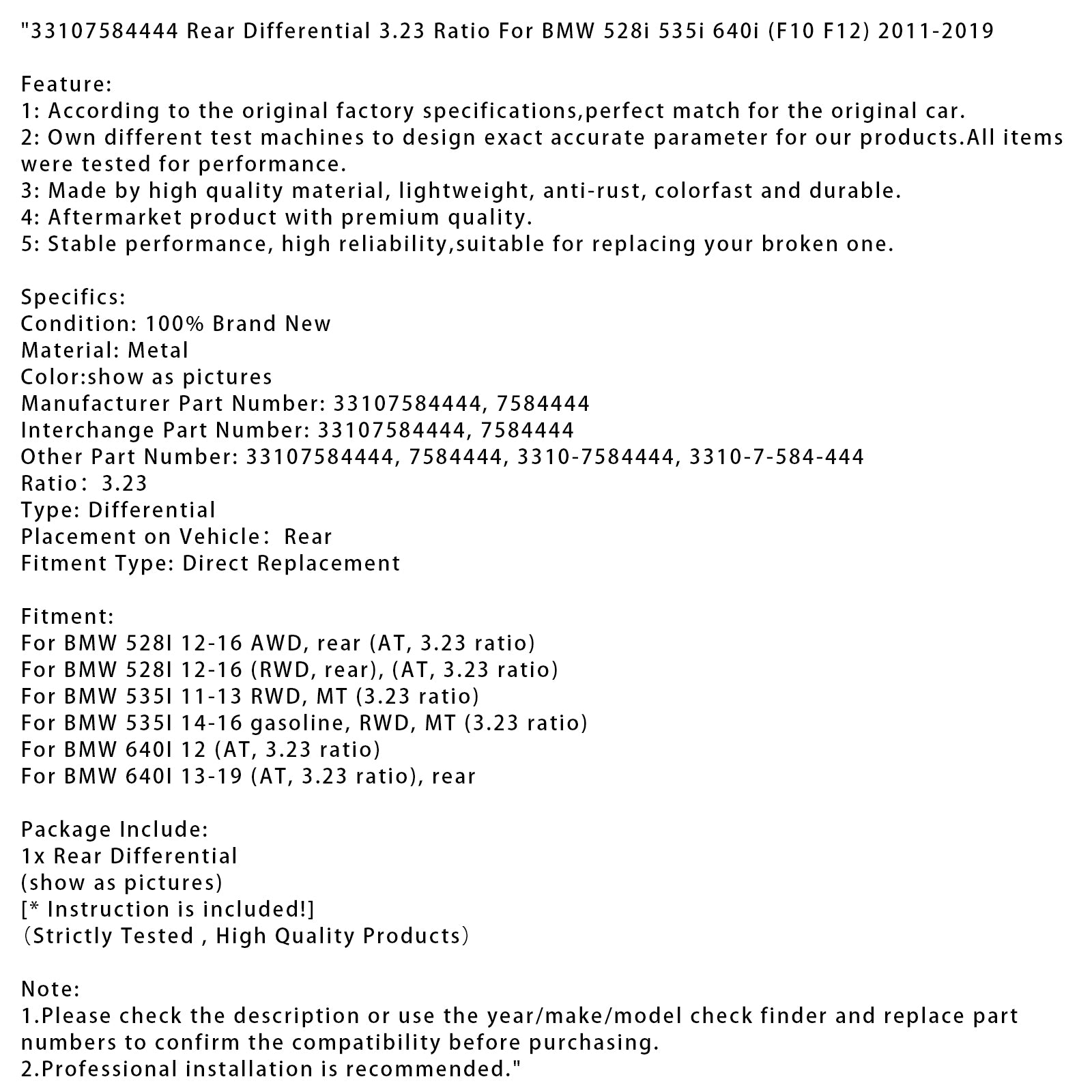 2012-2016 BMW 528i RWD Zadný diferenciál 3,23 pomer 33107584444
