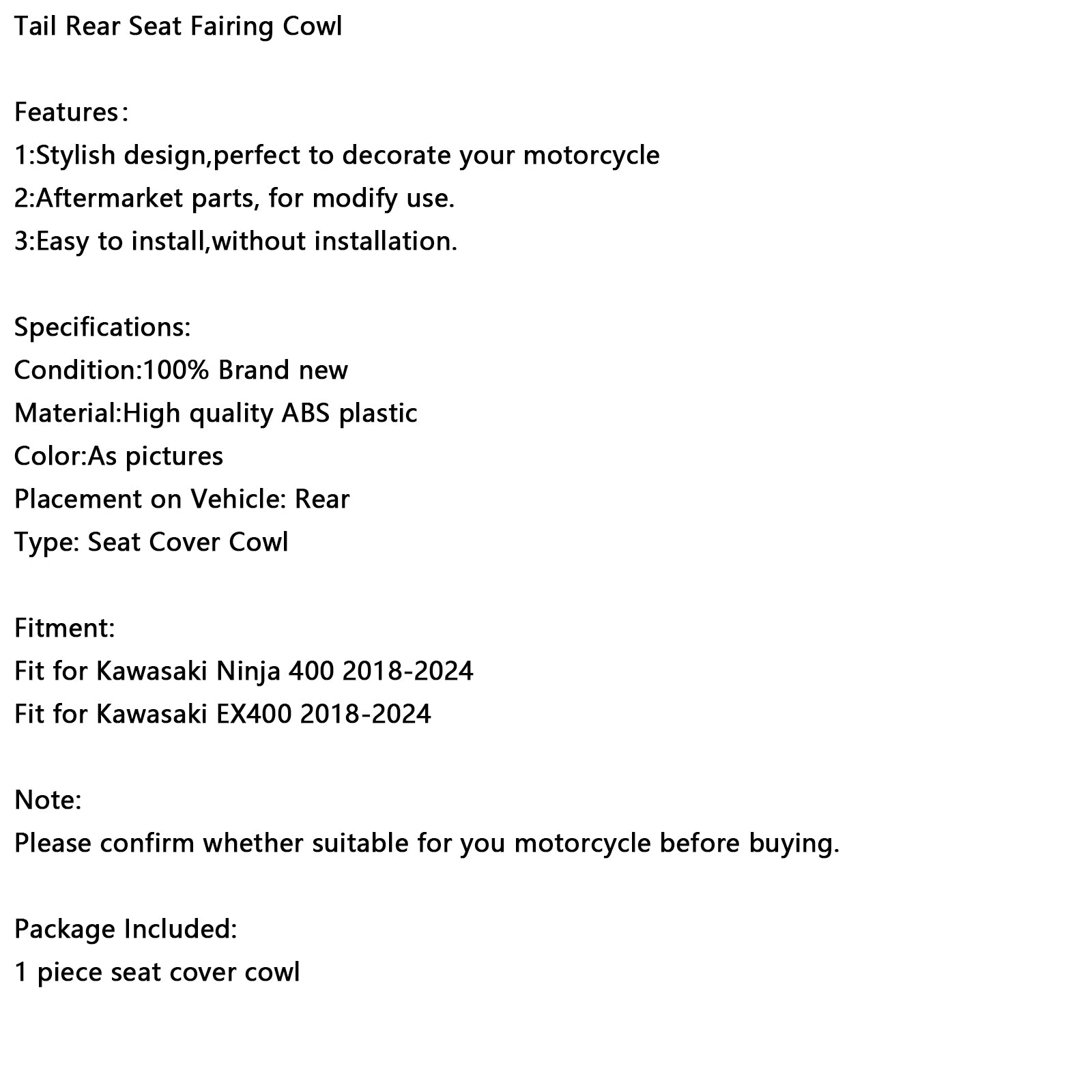 Capot de carénage de siège arrière de queue de course Kawasaki Ninja 400 EX400 2018-2024