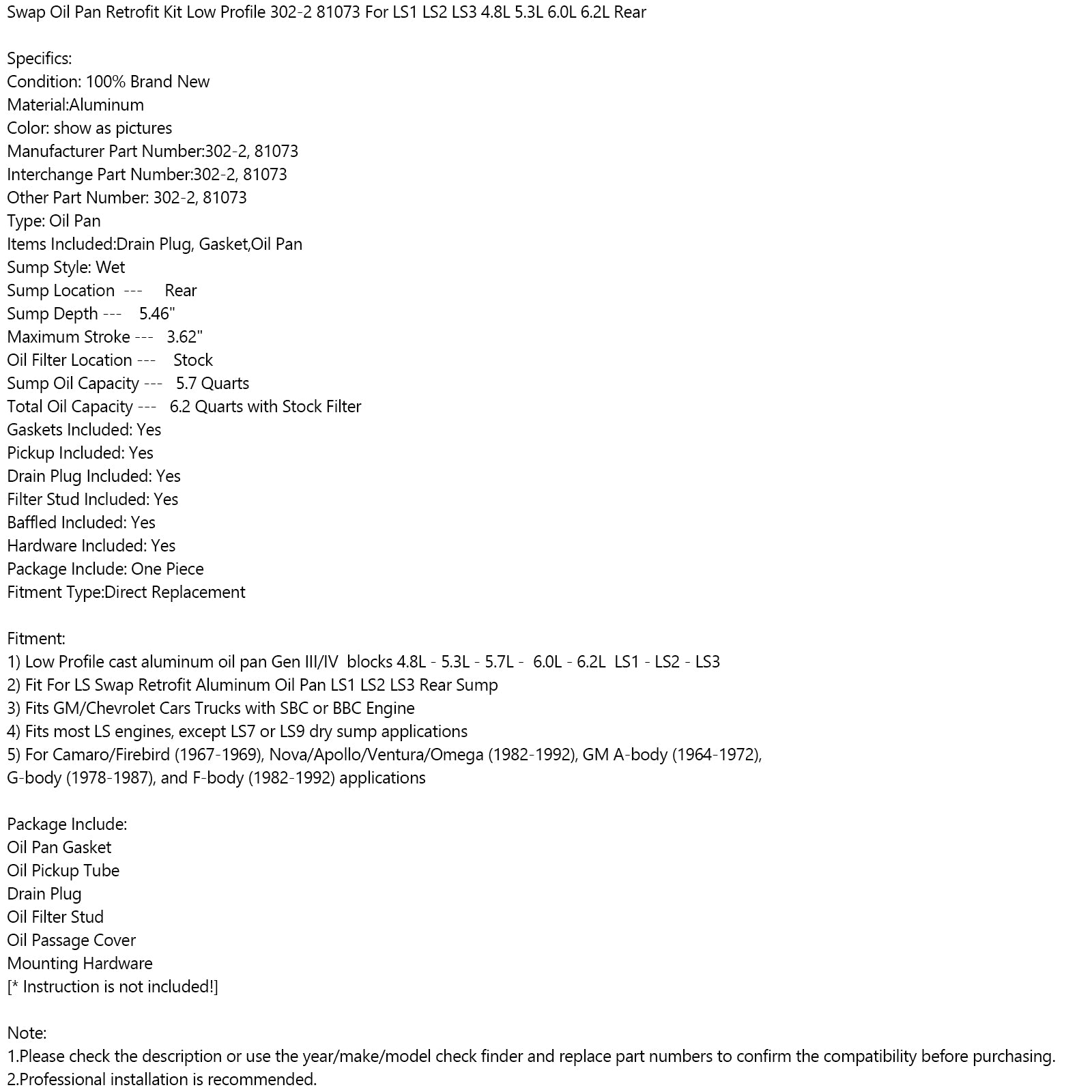 Swap Oliecarter Retrofit Laag Profiel 81073 Voor LS1 LS2 LS3 4.8L 5.3L 6.0L 6.2L Achter