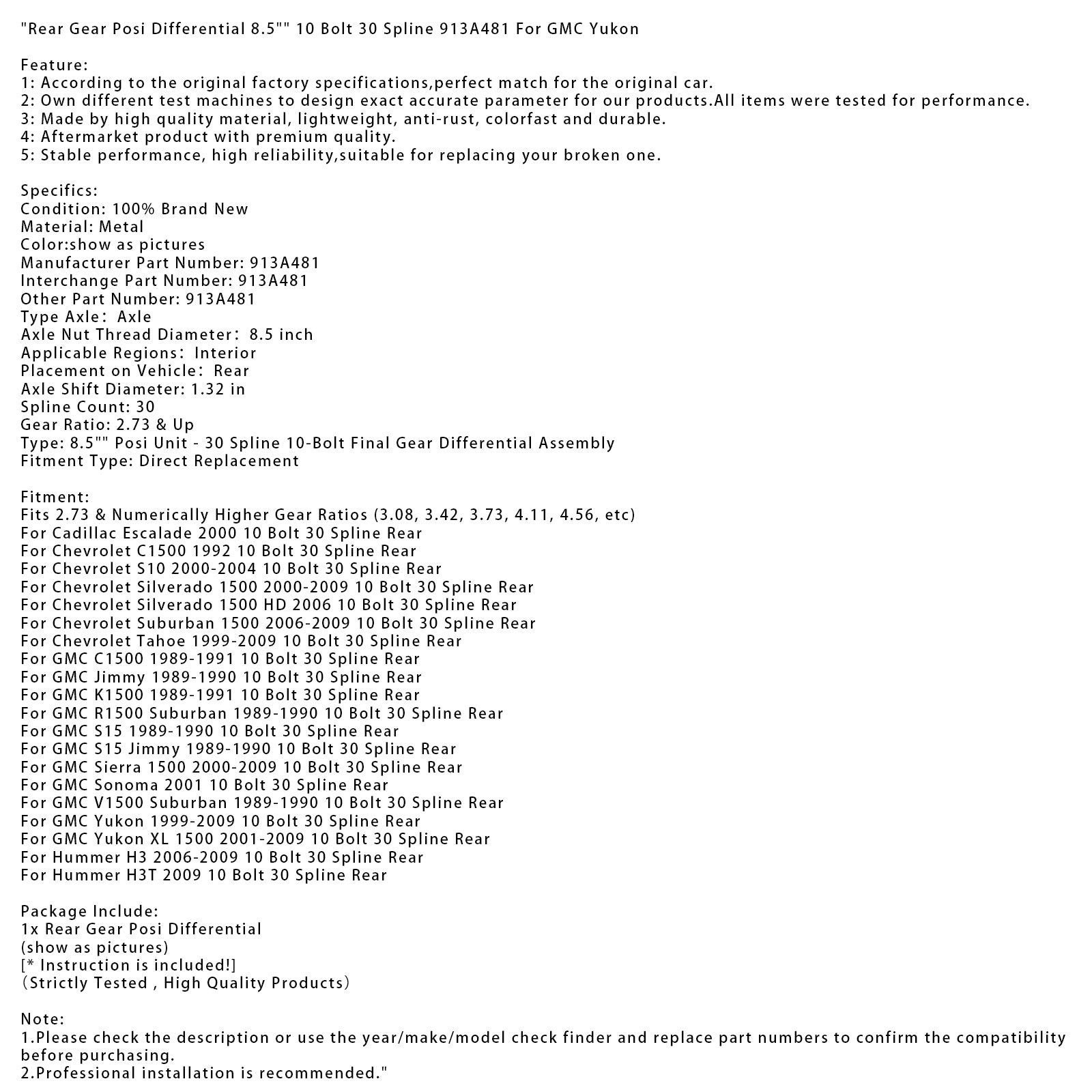 2001 GMC Sonoma 10 Bolt 30 Spline Rear Posi Differential 8.5" 10 Bolt 30 Spline 913A481