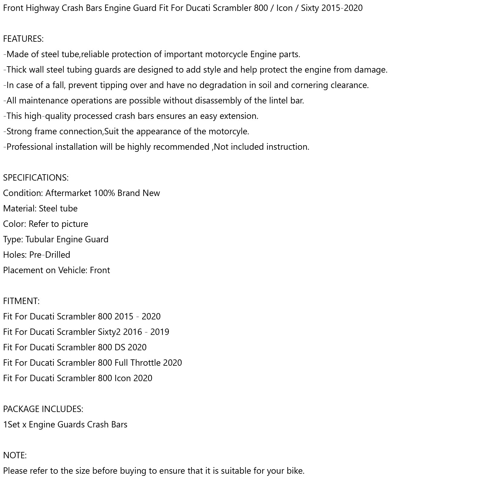 Crash Bars Motorskydd passar för Ducati Scrambler 800 Sixty 2 Icon DS 2015-2020