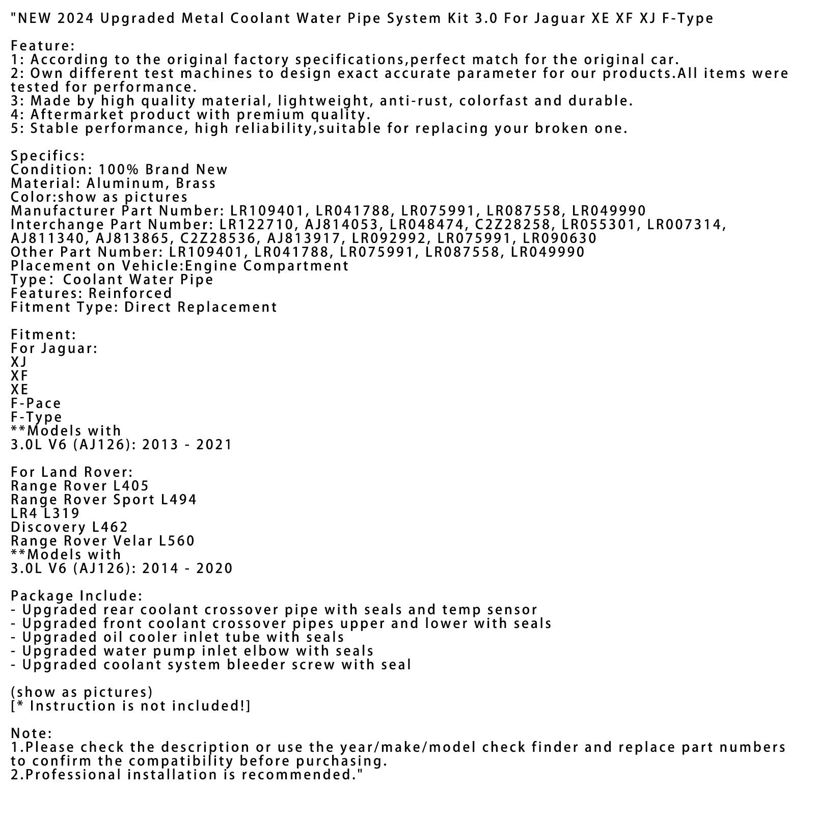 2013 - 2021 Jaguar XJ 3.0L V6 (AJ126) Upgraded Metal Coolant Water Pipe System Kit LR109401 LR041788