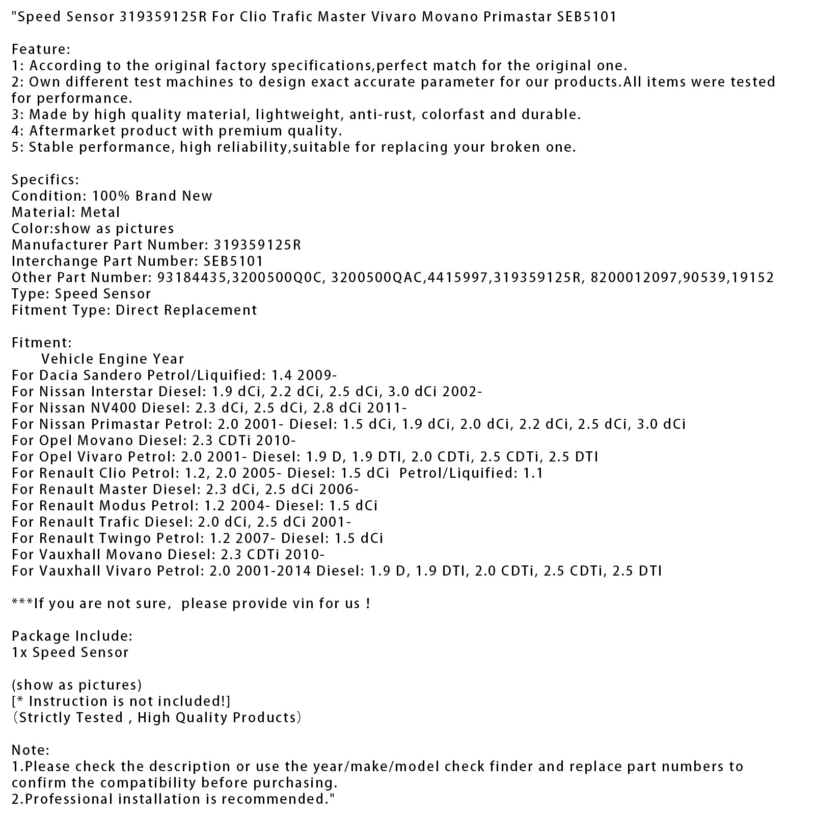 Speed Sensor 319359125R For Clio Trafic Master Vivaro Movano Primastar SEB5101