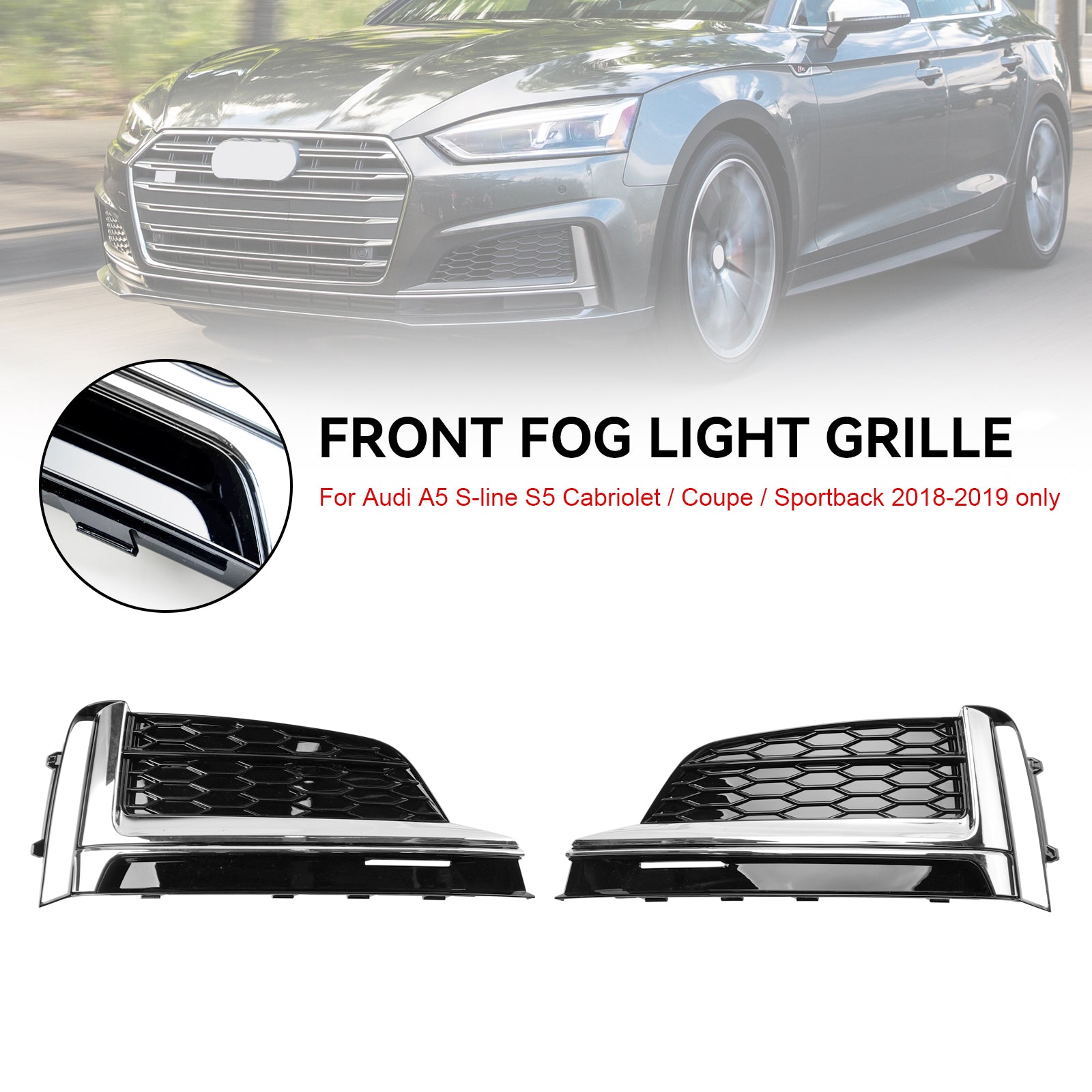 2st Front Bumper Fog Light Grille Cover Trim Fit Audi S5 A5 S-Line 2018-2019