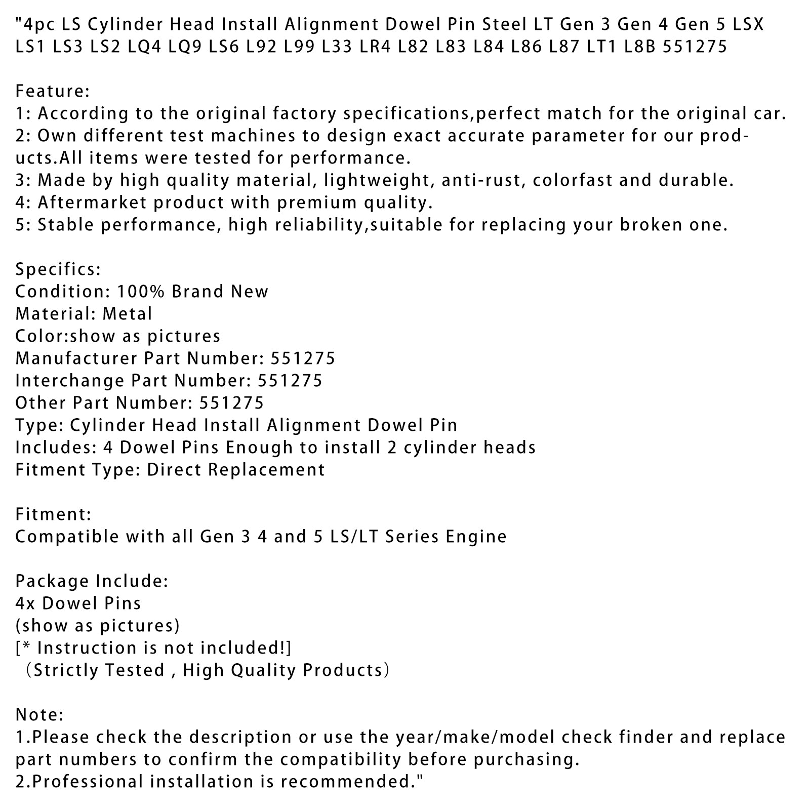 4 piezas LS culata instalar alineación pasador de acero LT Gen 3 Gen 4 Gen 5 LSX