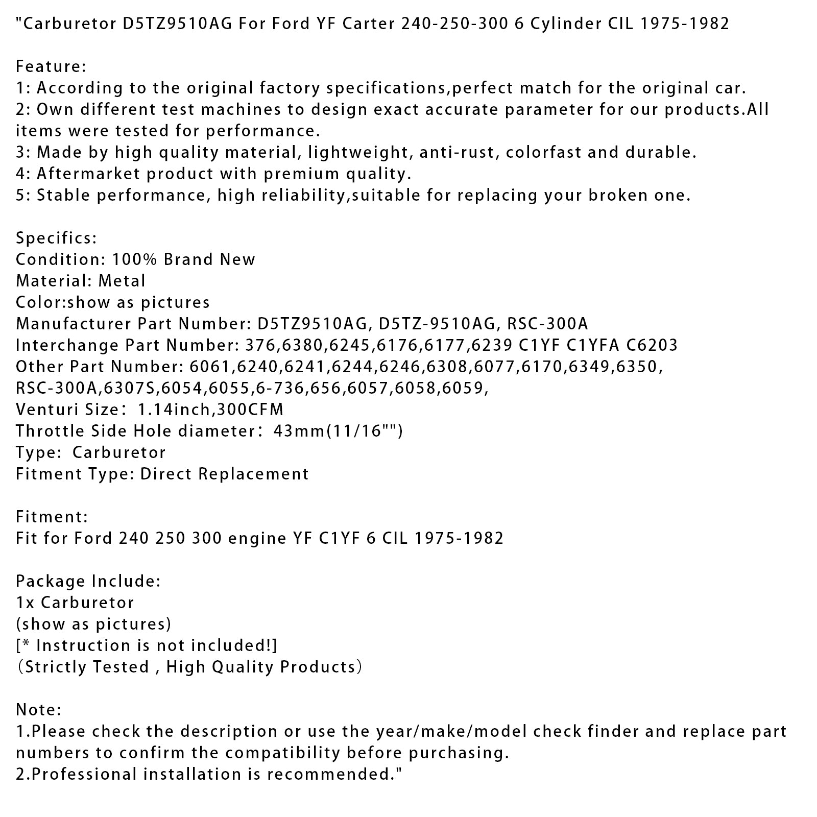 1975-1982 FORD YF CARTER 240-250-300 CARBURATOR DE CILO
