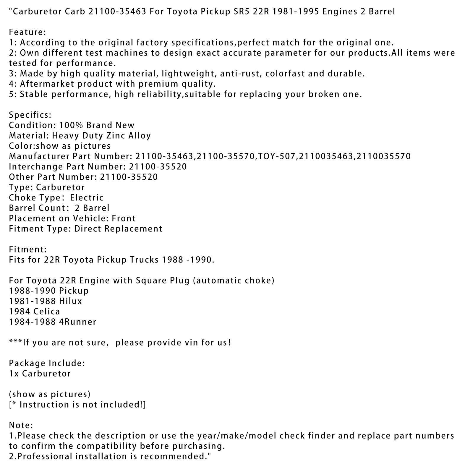 1984 Motor Toyota 22r com plugue quadrado CELICA CARBURATOR CARB 21100-35463 21100-35570