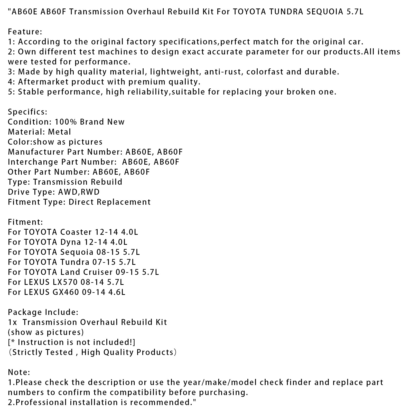 AB60E AB60F Transmission Overhaul Rebuild Kit för Toyota Tundra Sequoia 5.7L