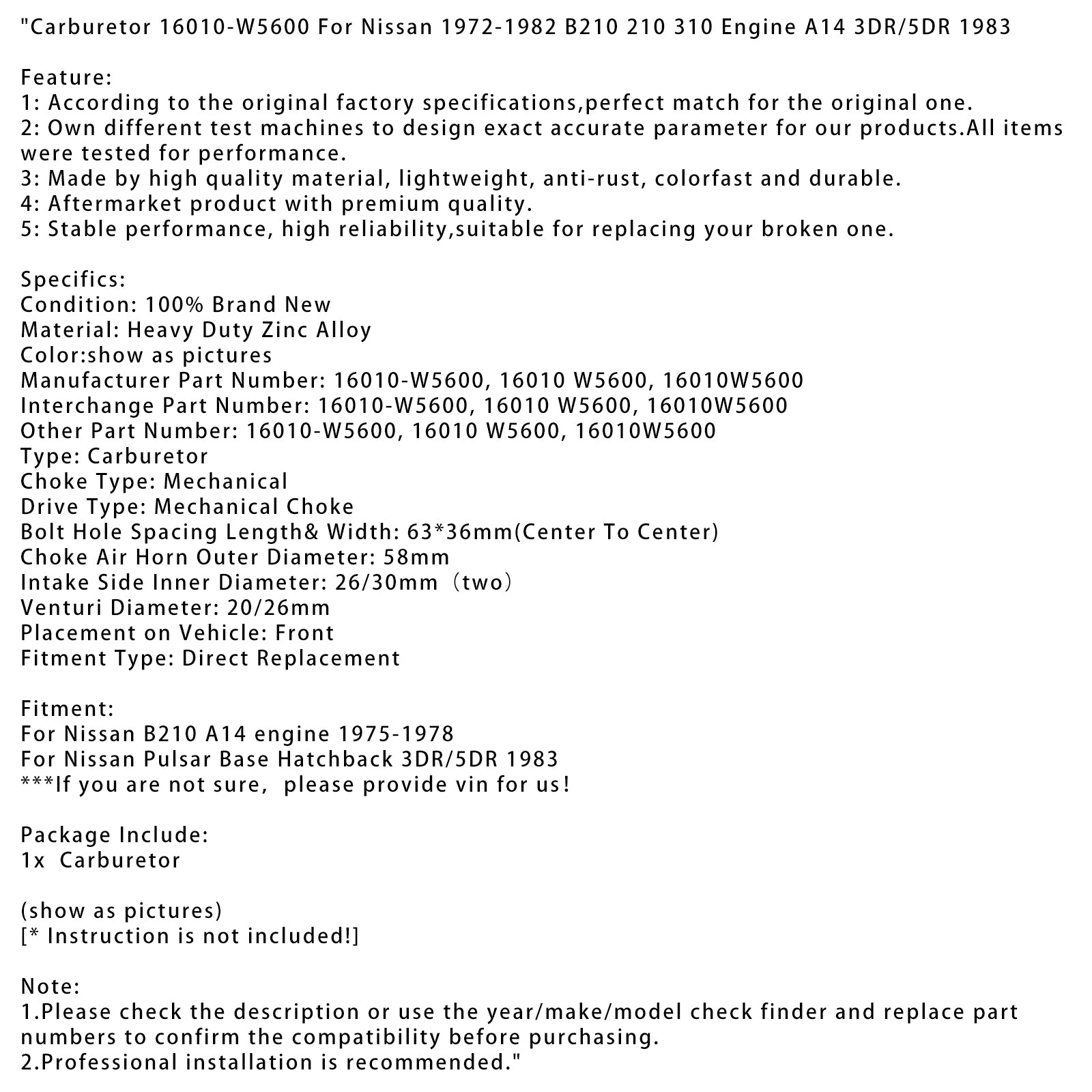 Karburátor 16010-W5600 Pre Nissan 1972-1982 B210 210 310 Motor A14 3DR/5DR 1983