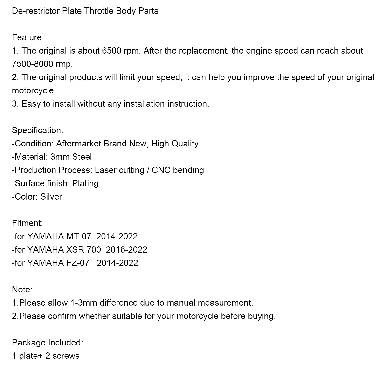 Časti telesného škrtiaceho klapky deštruktorovej dosky vhodné pre Yamaha MT-07 FZ-07 XSR700 2014-2022