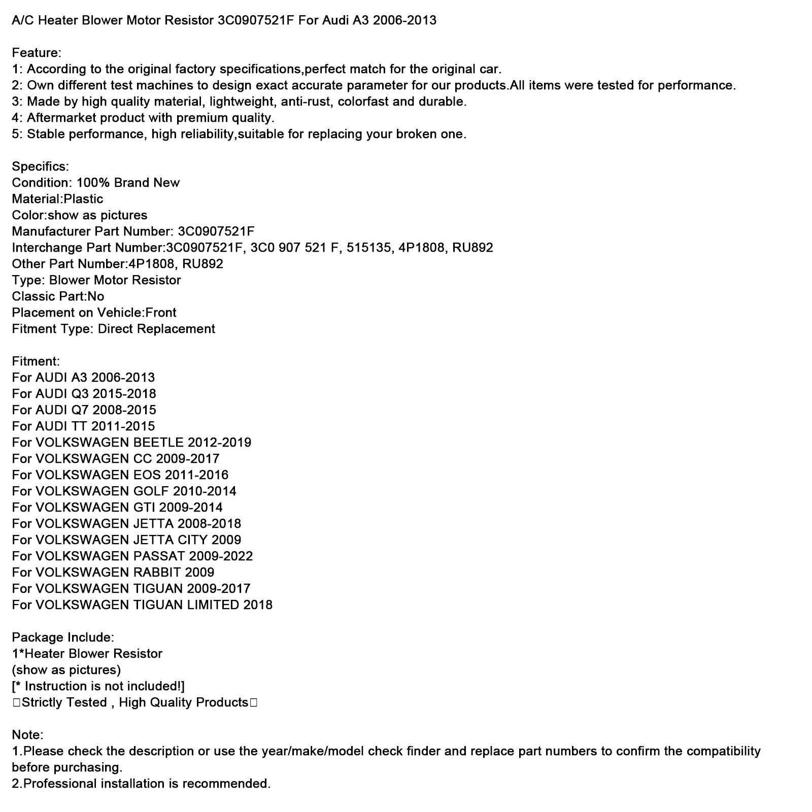 A/C Kachelventilator Motor Weerstand 3C0907521F Voor Audi A3 2006-2013