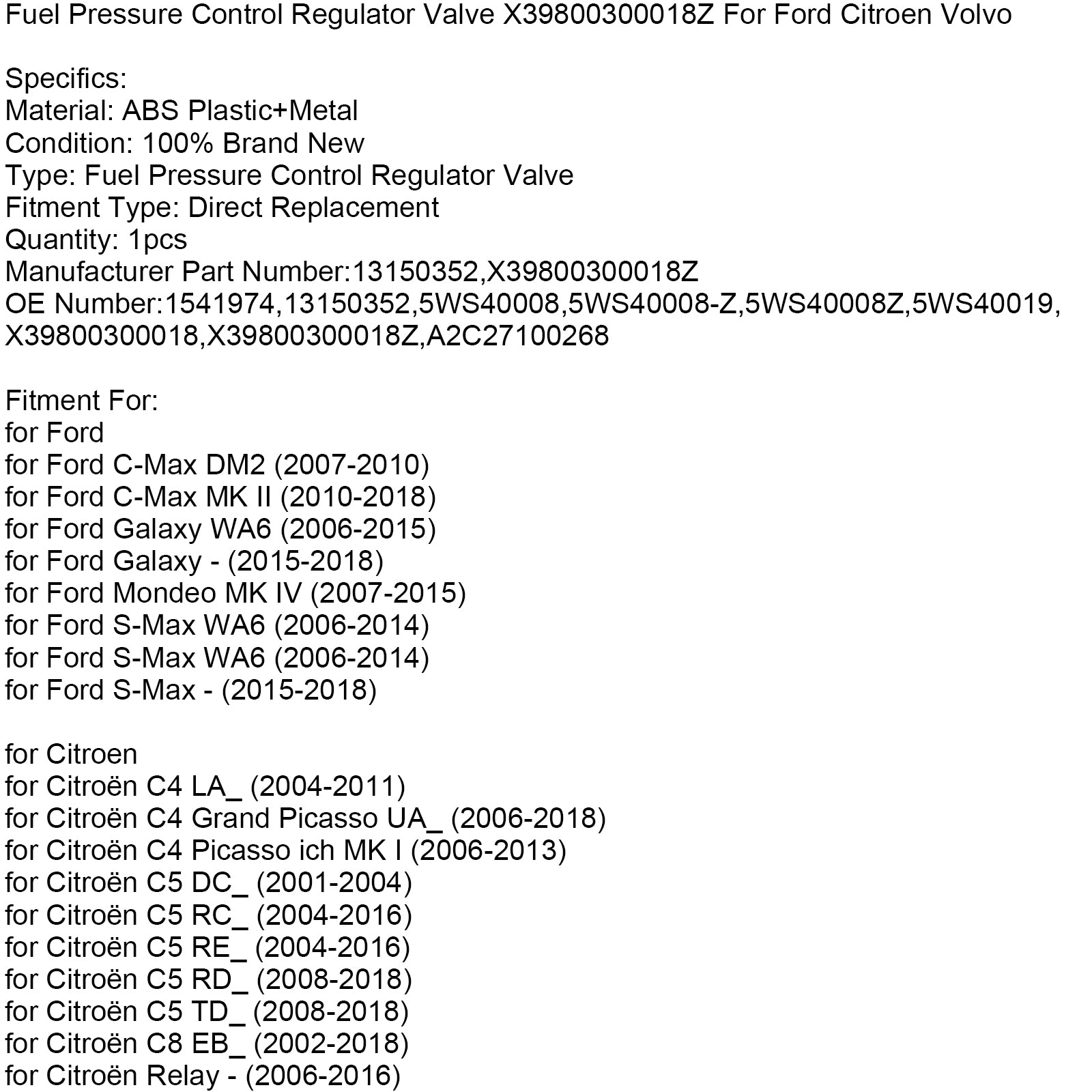 2008-2018 Citroën C5 TD_ Brandstofdrukregelklep X39800300018Z
