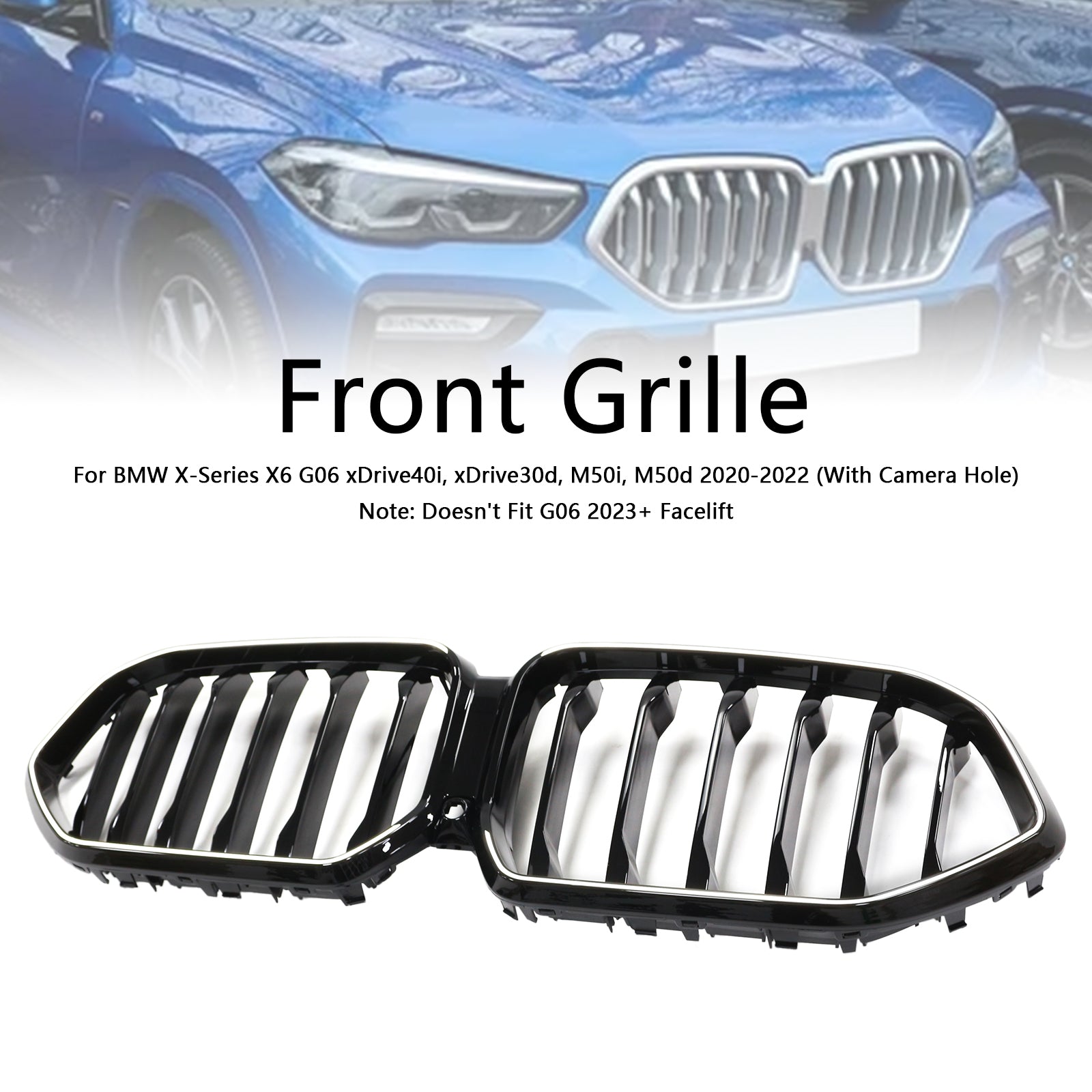 2020-2022 BMW X6 G06 M50i W/Camera Hole Black Front Bumper Grille Grill