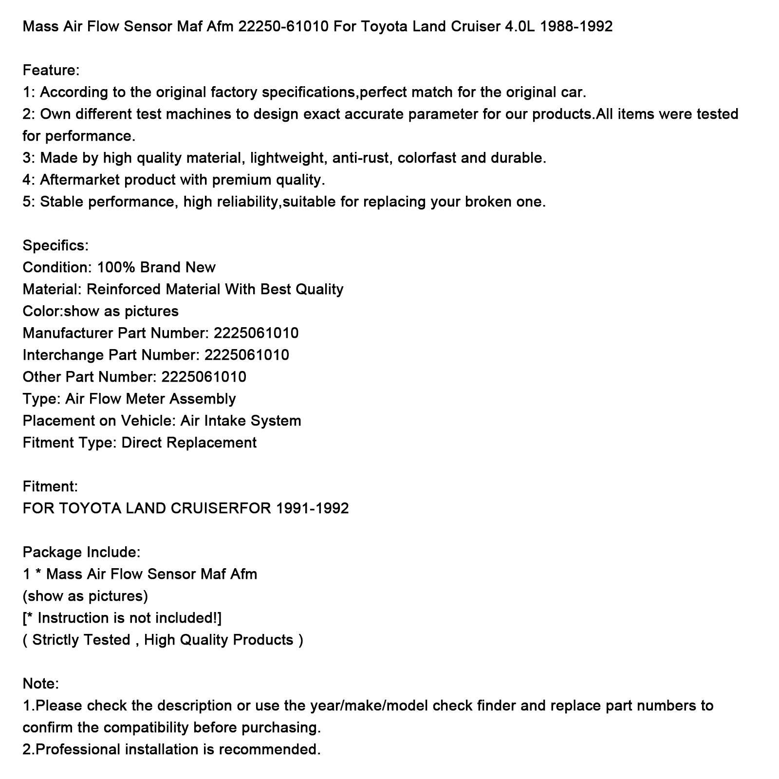 1988-1992 Toyota Land Cruiser 4.0L Mass Air Flow Sensor MAF AFM 22250-61010