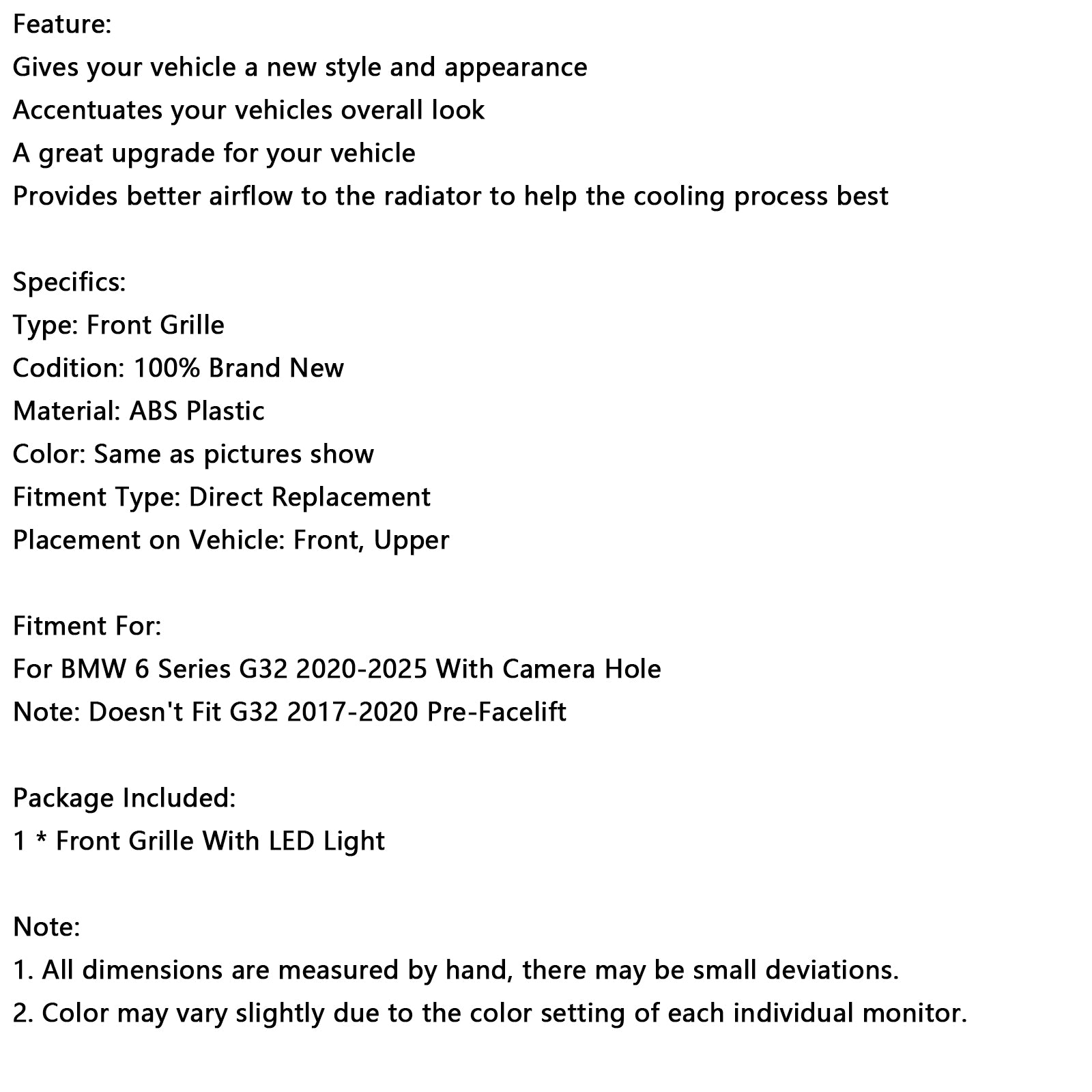 Parrilla frontal tipo riñón para BMW Serie 6 G32 2020-2025, color negro brillante