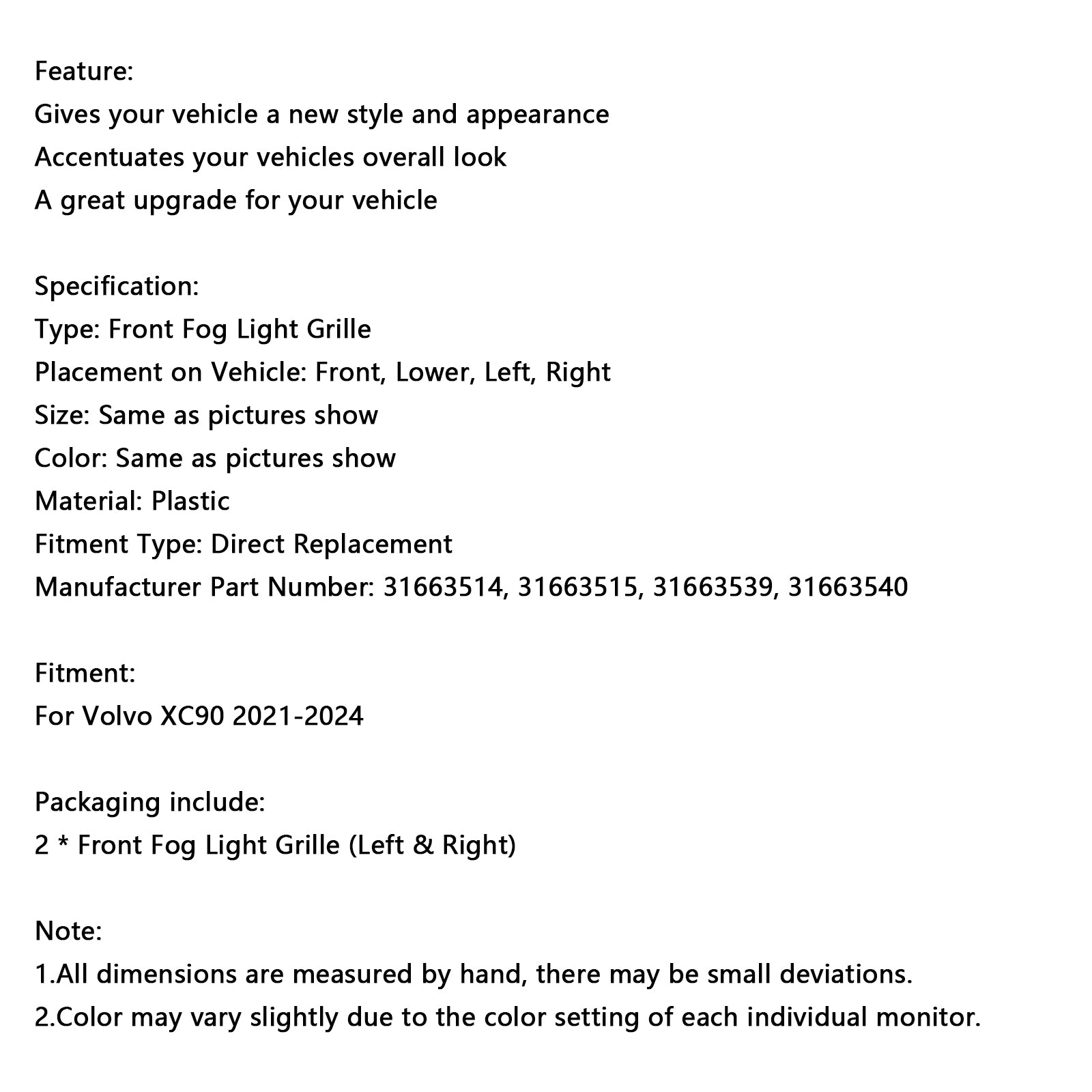 2021-2024 Volvo XC90 2ks predný nárazník hmlová lampa mriežka hmlová svetlá mriežka