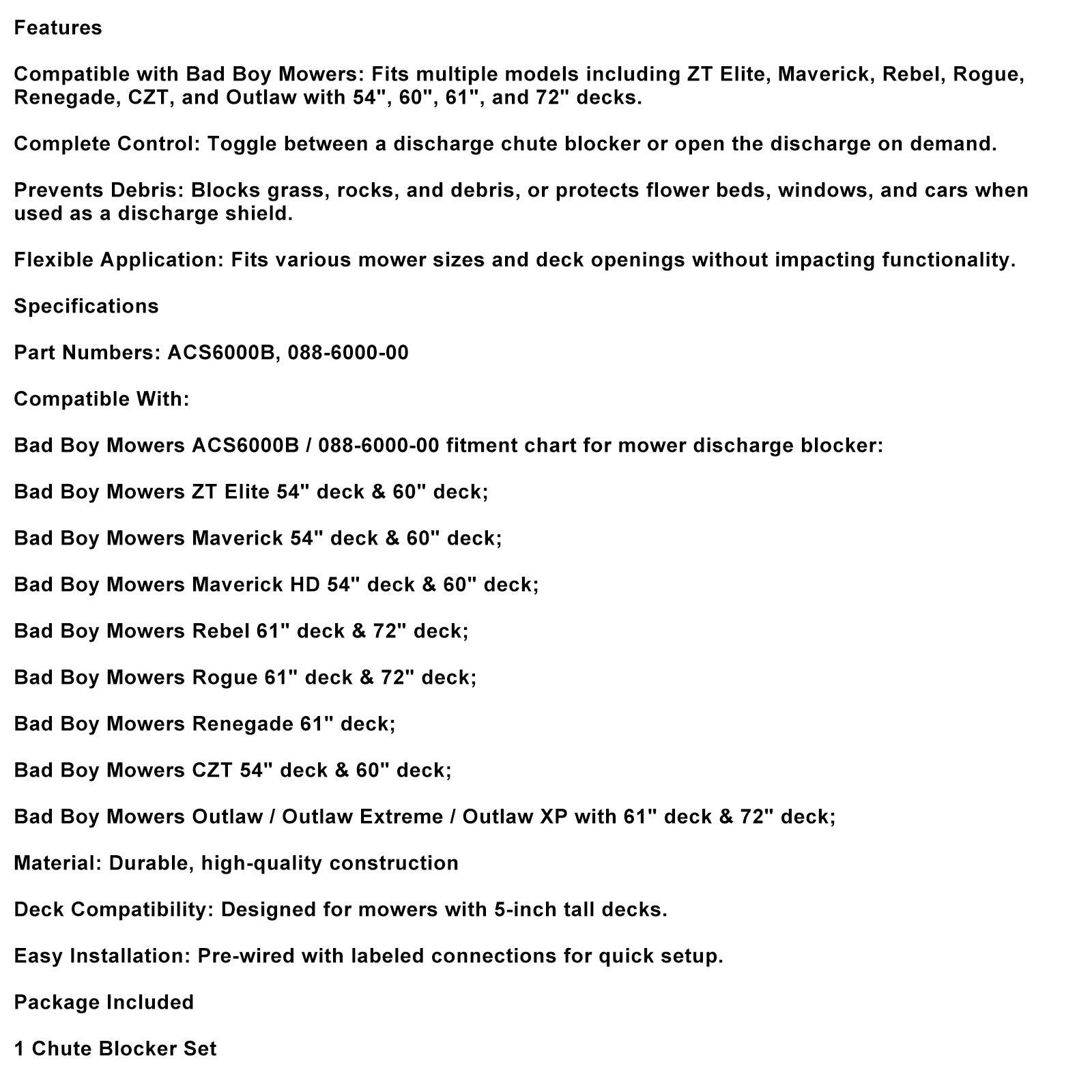 Mower Chute Blocker 088-6000-00 For Bad Boy Mowers 54" / 60" / 61" / 72" deck