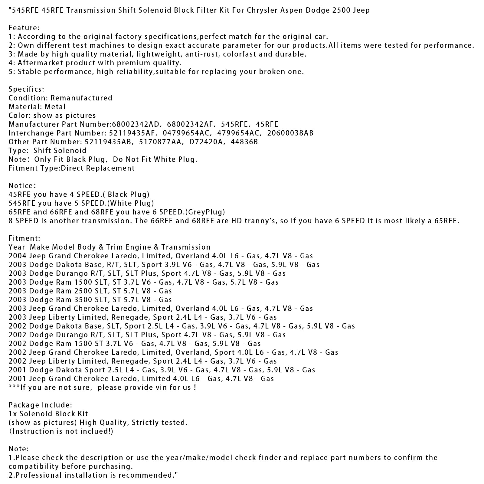 545RFE 45RFE Solenóide Block Filter Kit para Chrysler Dodge