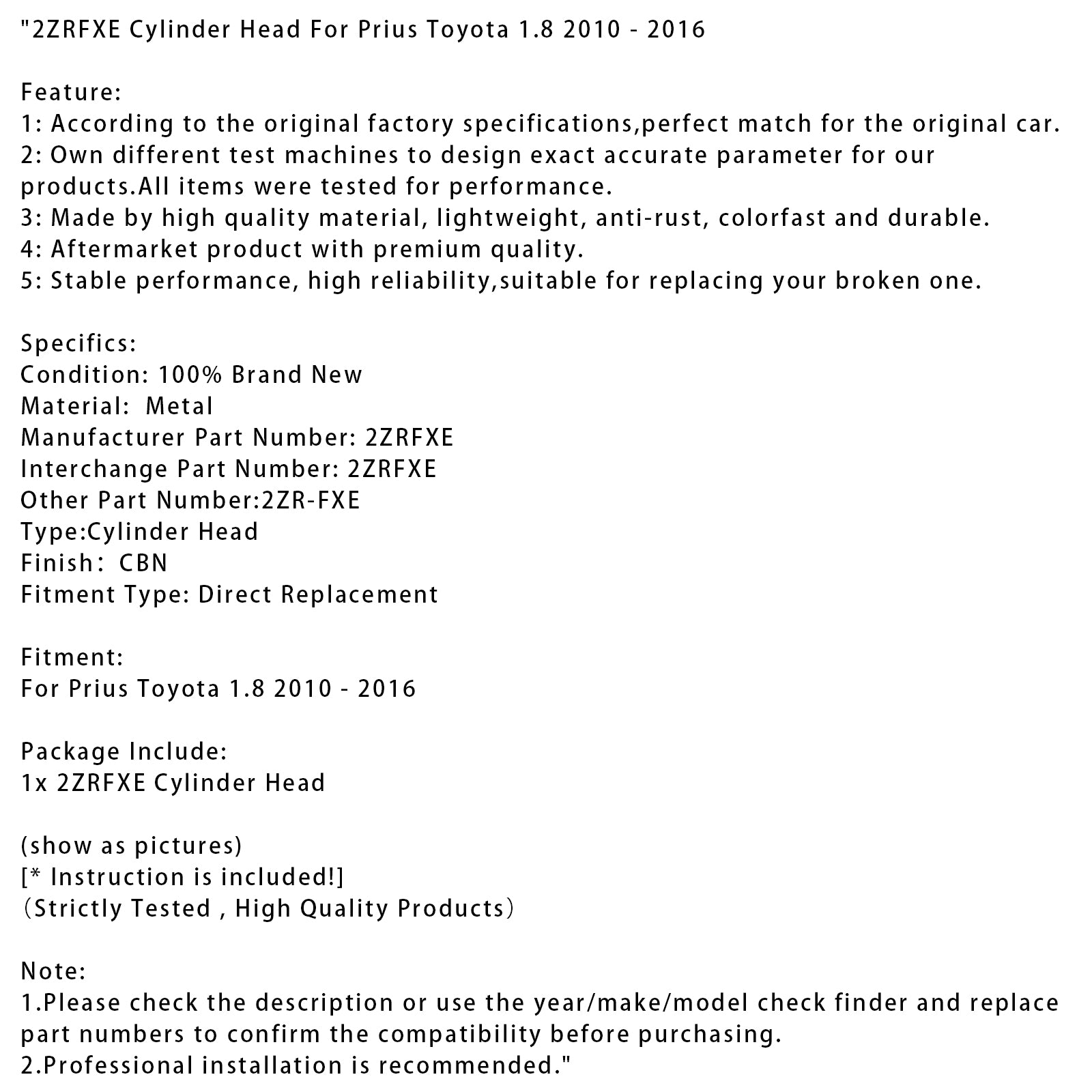 2010-2016 Prius Toyota 1.8 Cilinderkop 2ZRFXE