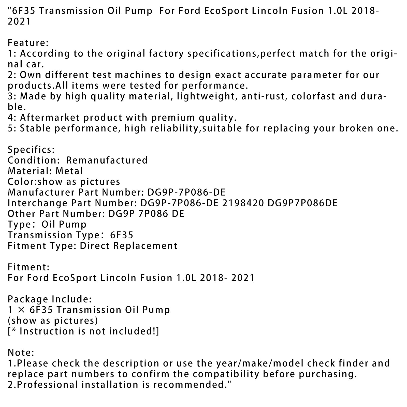 2018-2021 Ford EcoSport Lincoln Fusion 1.0L transmissieoliepomp 6F35