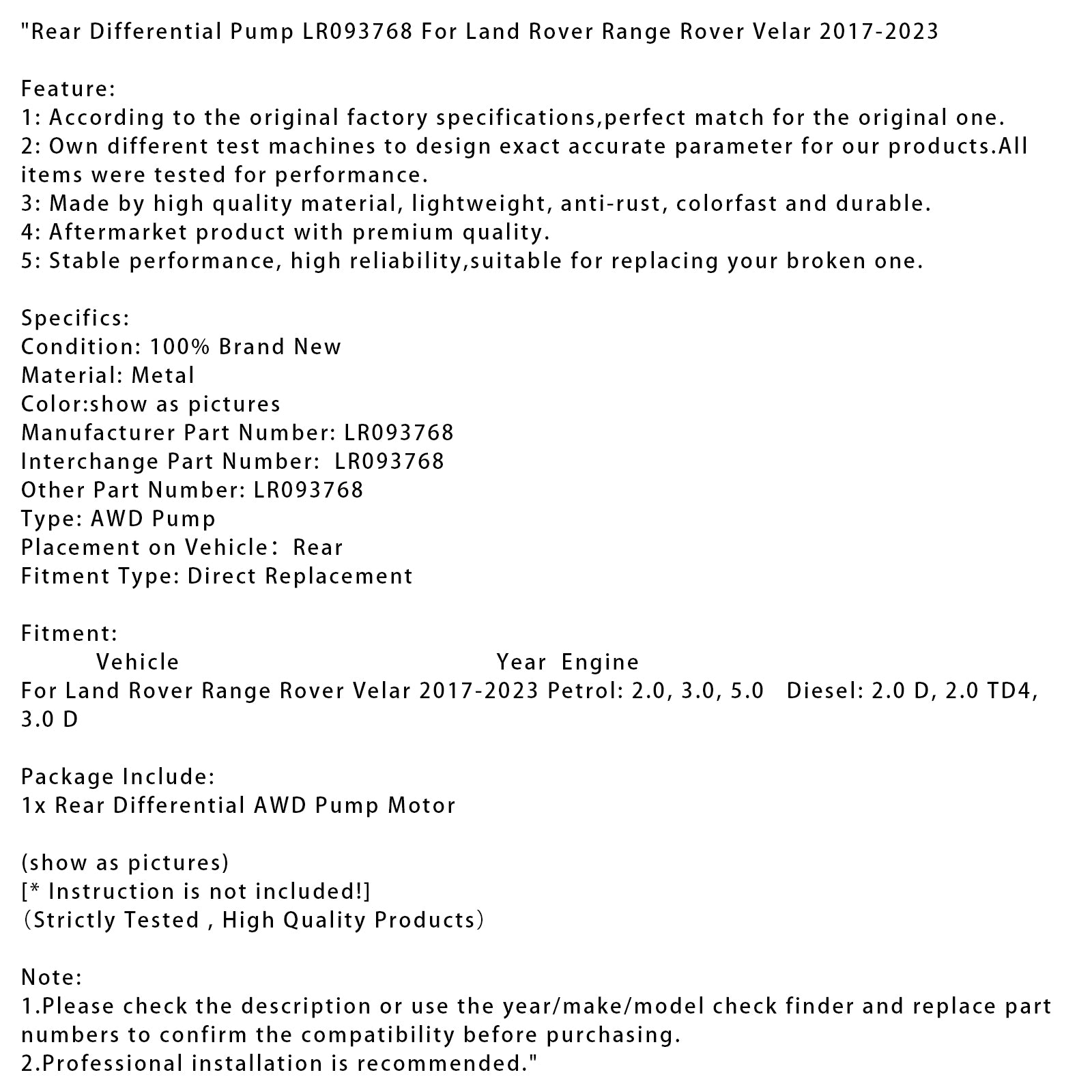 2017-2023 Land Rover Range Rover Velar Bomba diferencial traseira LR093768