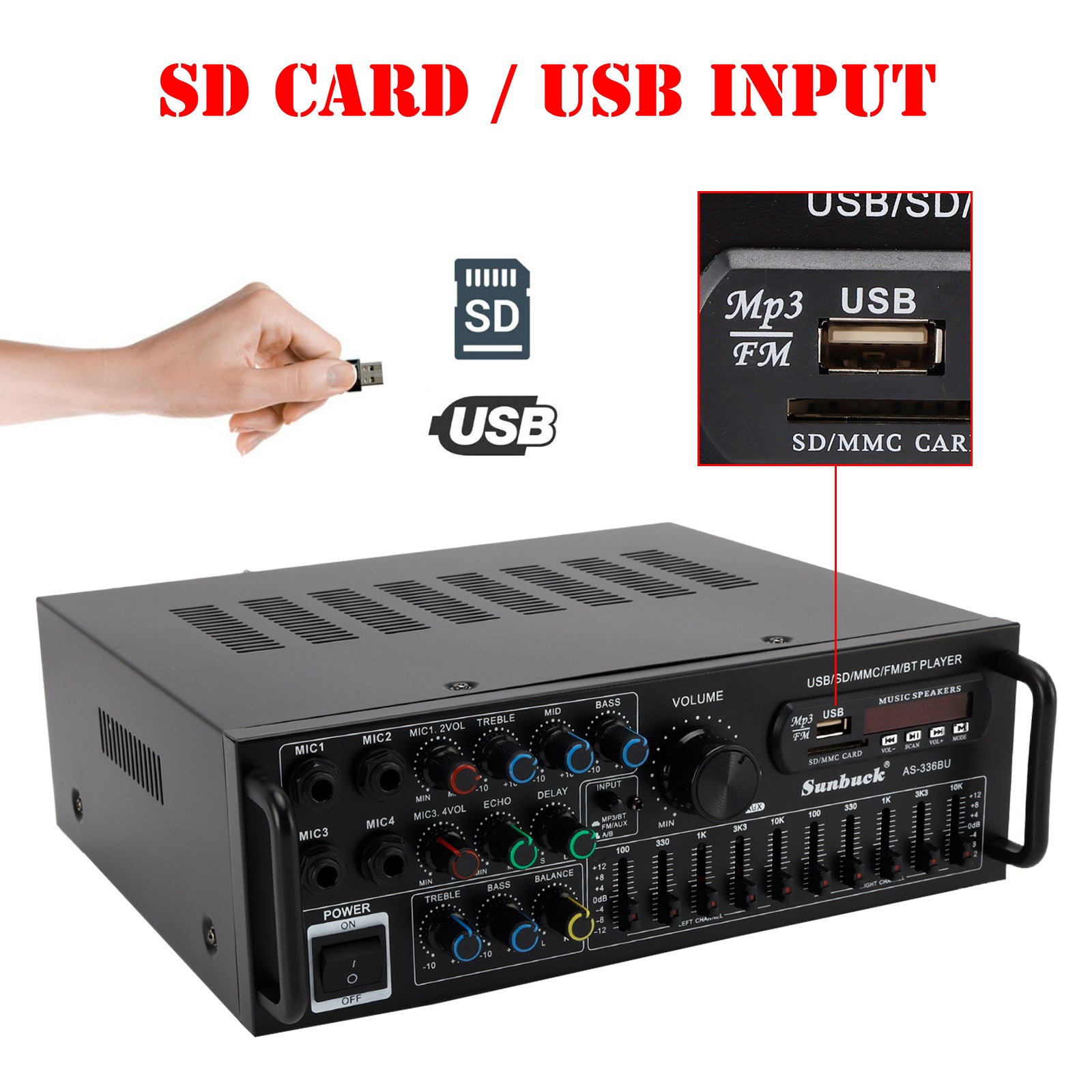 Bluetooth 5.0 HiFi Sunbuck 2000W Stereo Power Amplifier Karaoke FM USB SD AUX