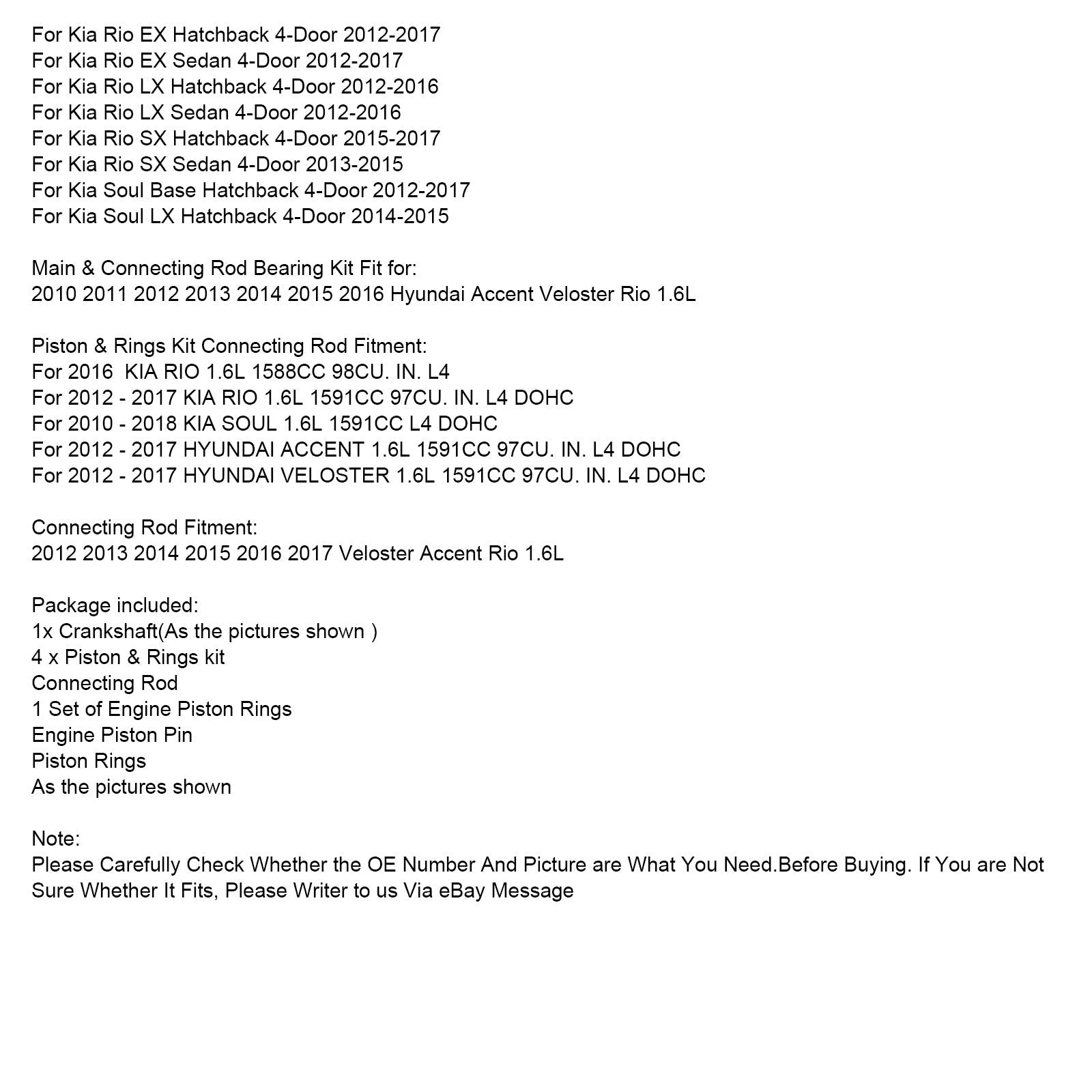 Vilebrequin Hyundai Accent GL Hatchback 4 portes 2012-2016 & Kit de piston de bielle 23041-2B600