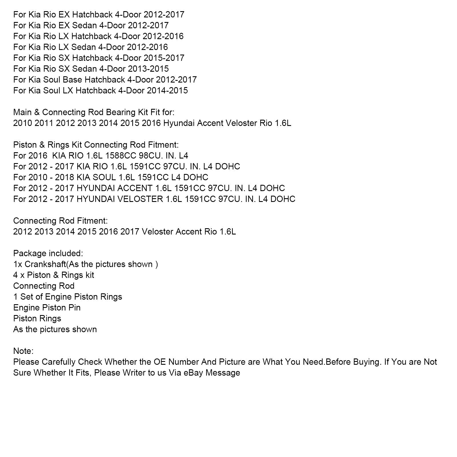 Vilebrequin Hyundai Accent GS Hatchback 4 portes 2012-2015 & Kit de piston de bielle 23041-2B600