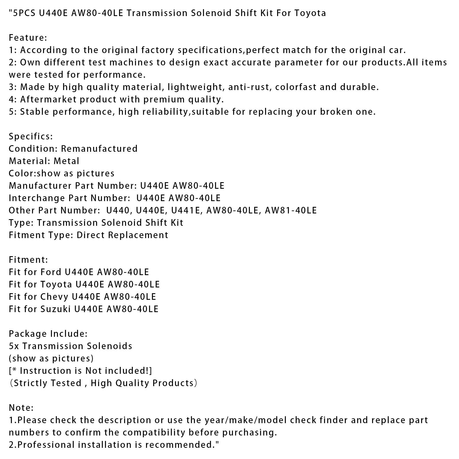 5PCS U440E AW80-40LE Transmission Solenoid Shift Kit For Toyota