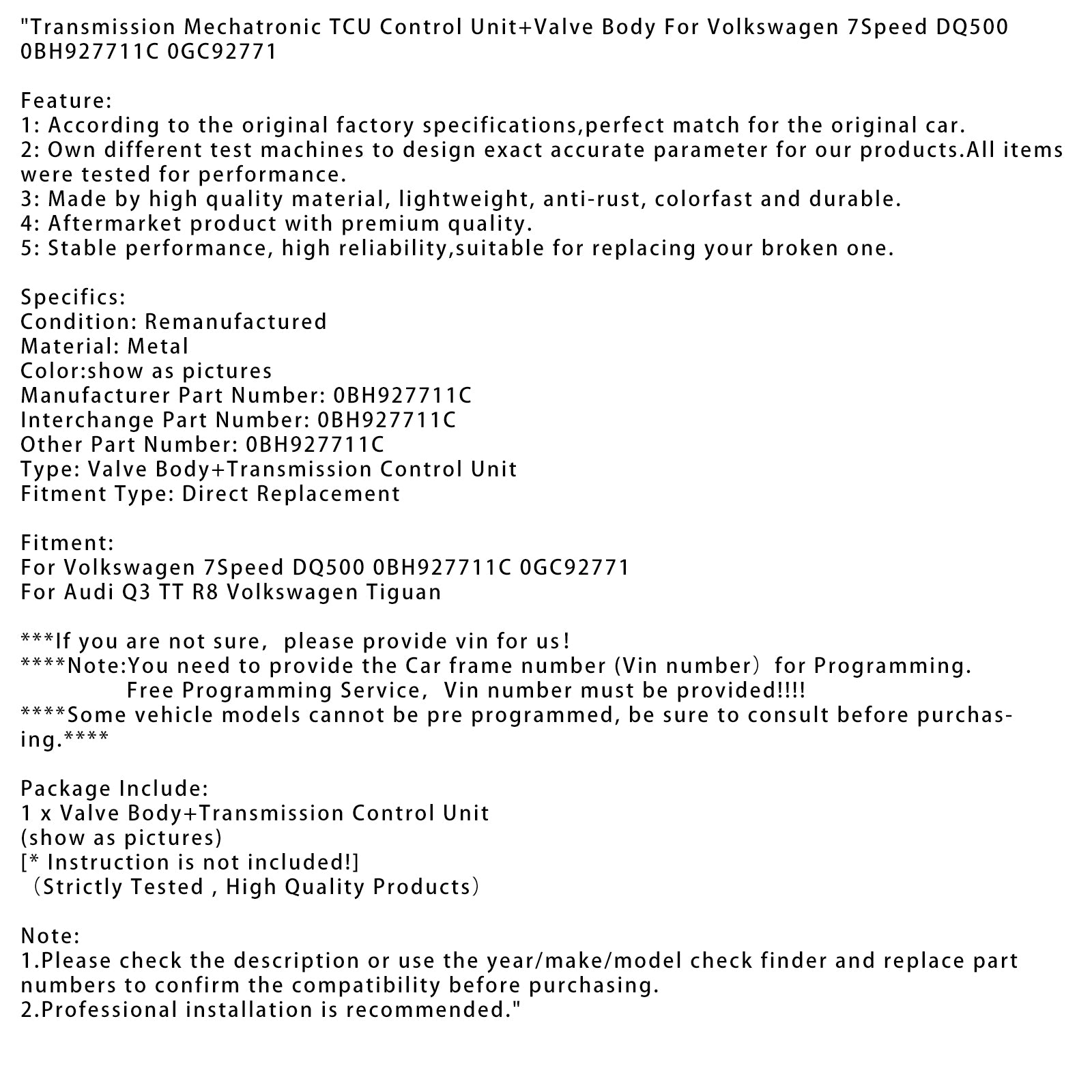 Volkswagen 7-versnellingsbak Mechatronische TCU-regeleenheid + klephuis 0BH927711C DQ500