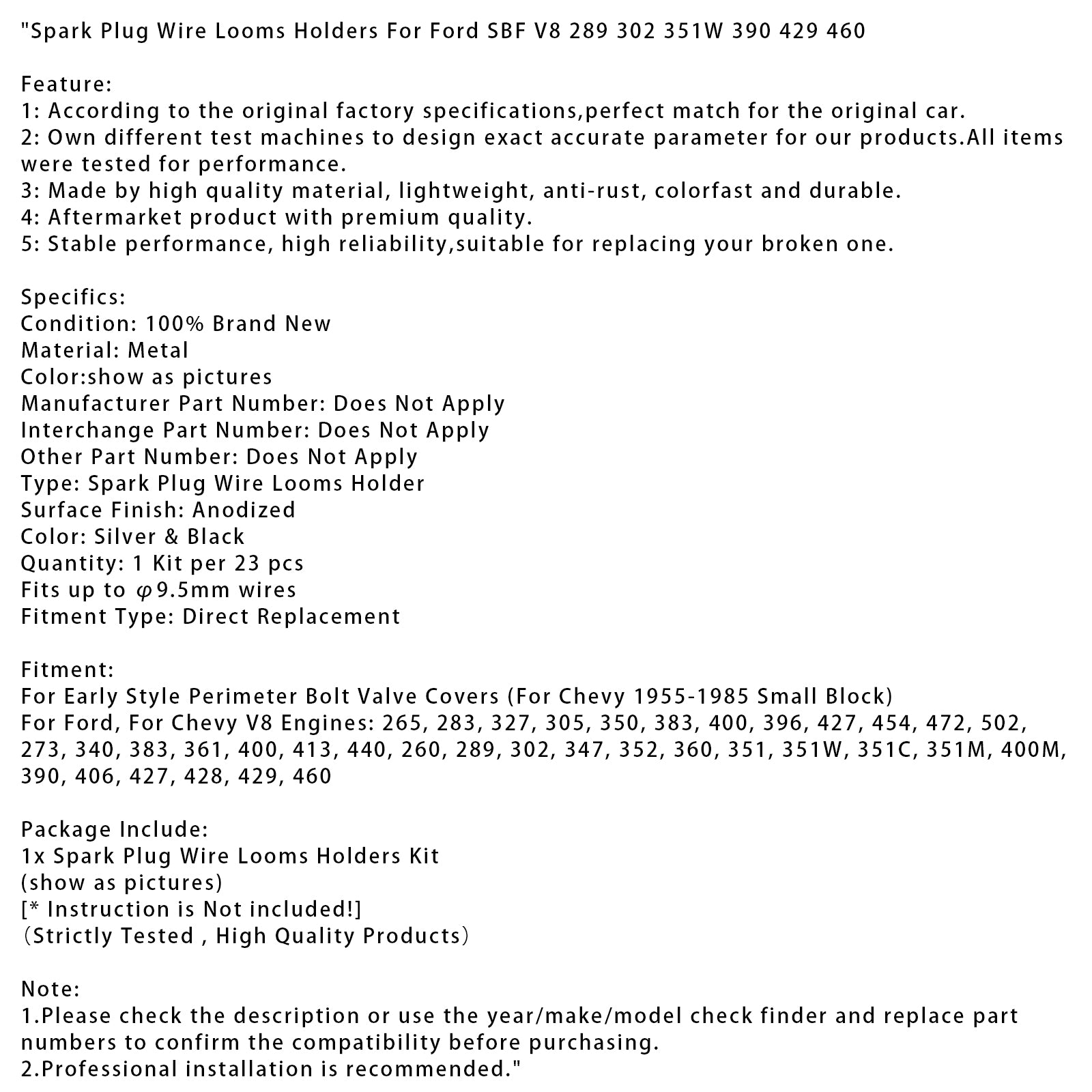 Spark Plug Wire Looms Holders For Ford SBF V8 289 302 351W 390 429 460