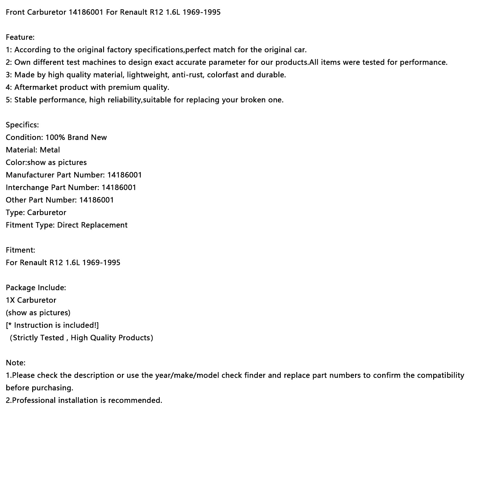 1969-1995 Renault R12 1,6L predného karburátora 14186001