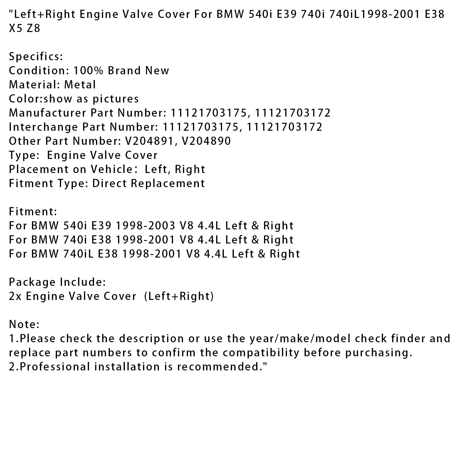1998-2001 BMW 740iL E38 V8 4.4 links + rechts motorkleppendeksel