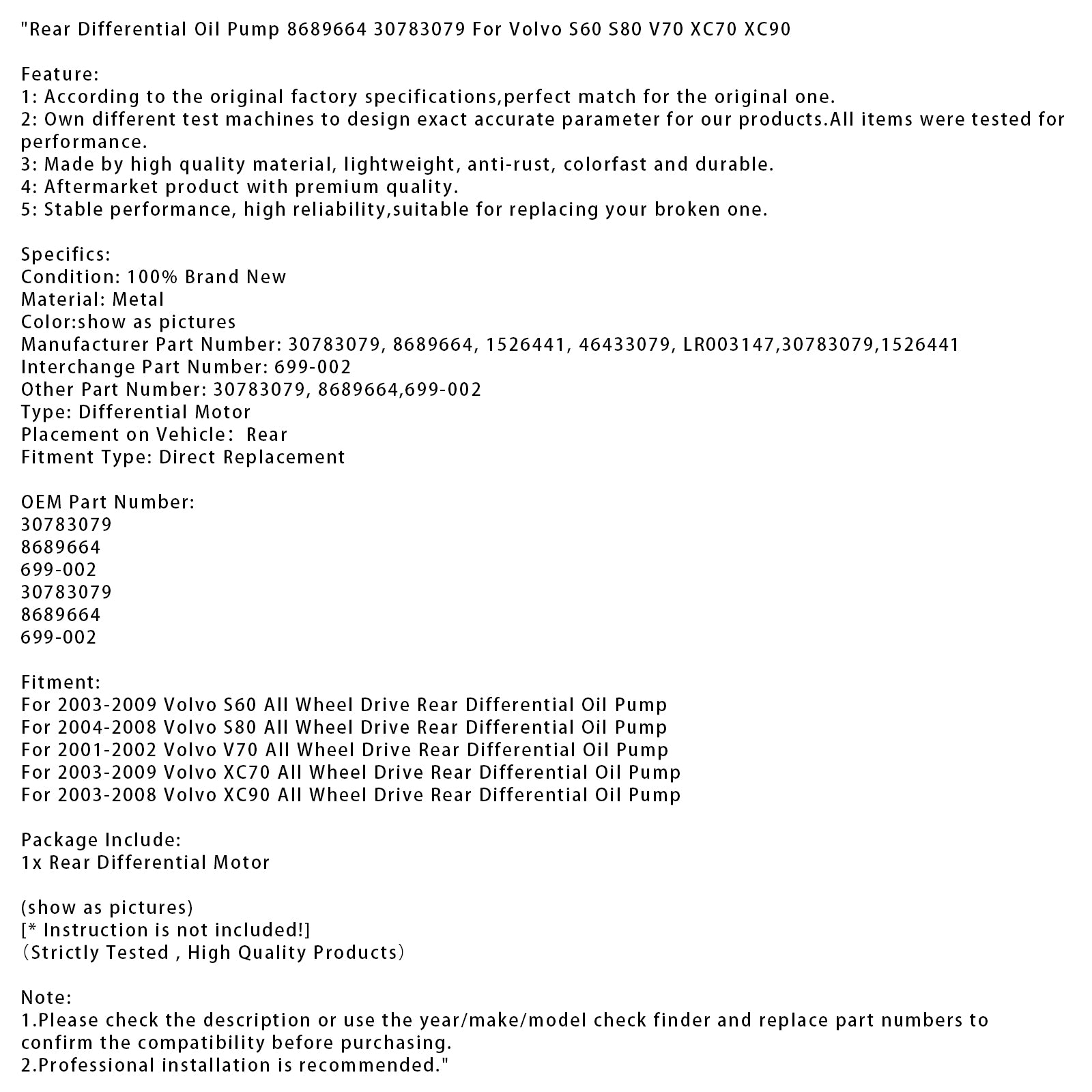2003-2009 Volvo XC70 All koliesový pohon Zadné diferenciálne olejové čerpadlo 8689664 30783079