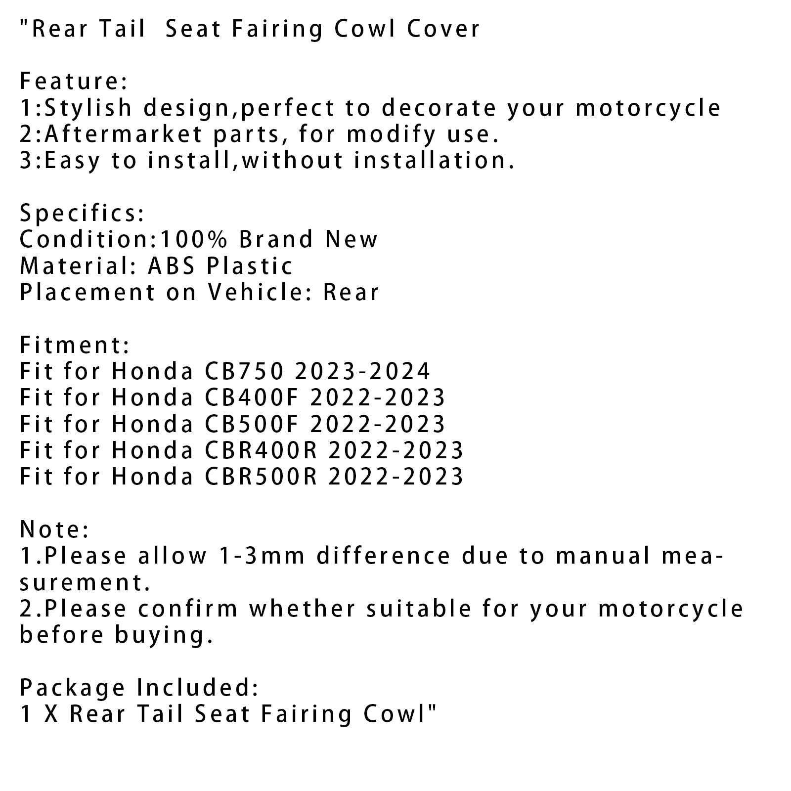 2022-2023 Honda CBR500R Bakre halesete Fairing Cover