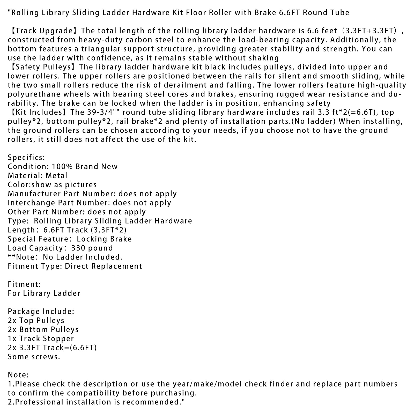 6.6FT ronde buis rollende bibliotheek schuifladder hardwareset met rem