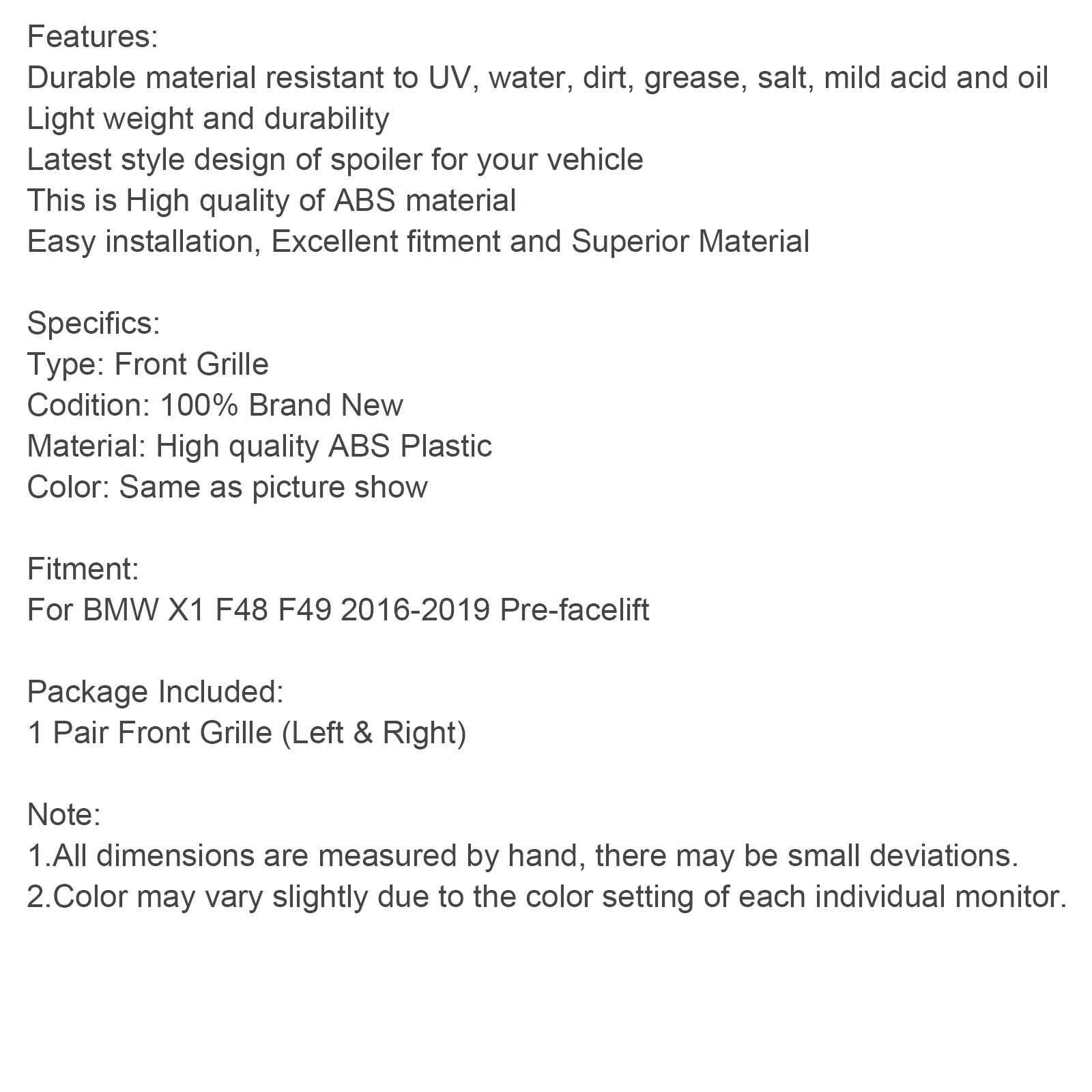 2016-2018 BMW X1 F48 F49 Glanzend Zwart Front Nieren Grill 2 STUKS