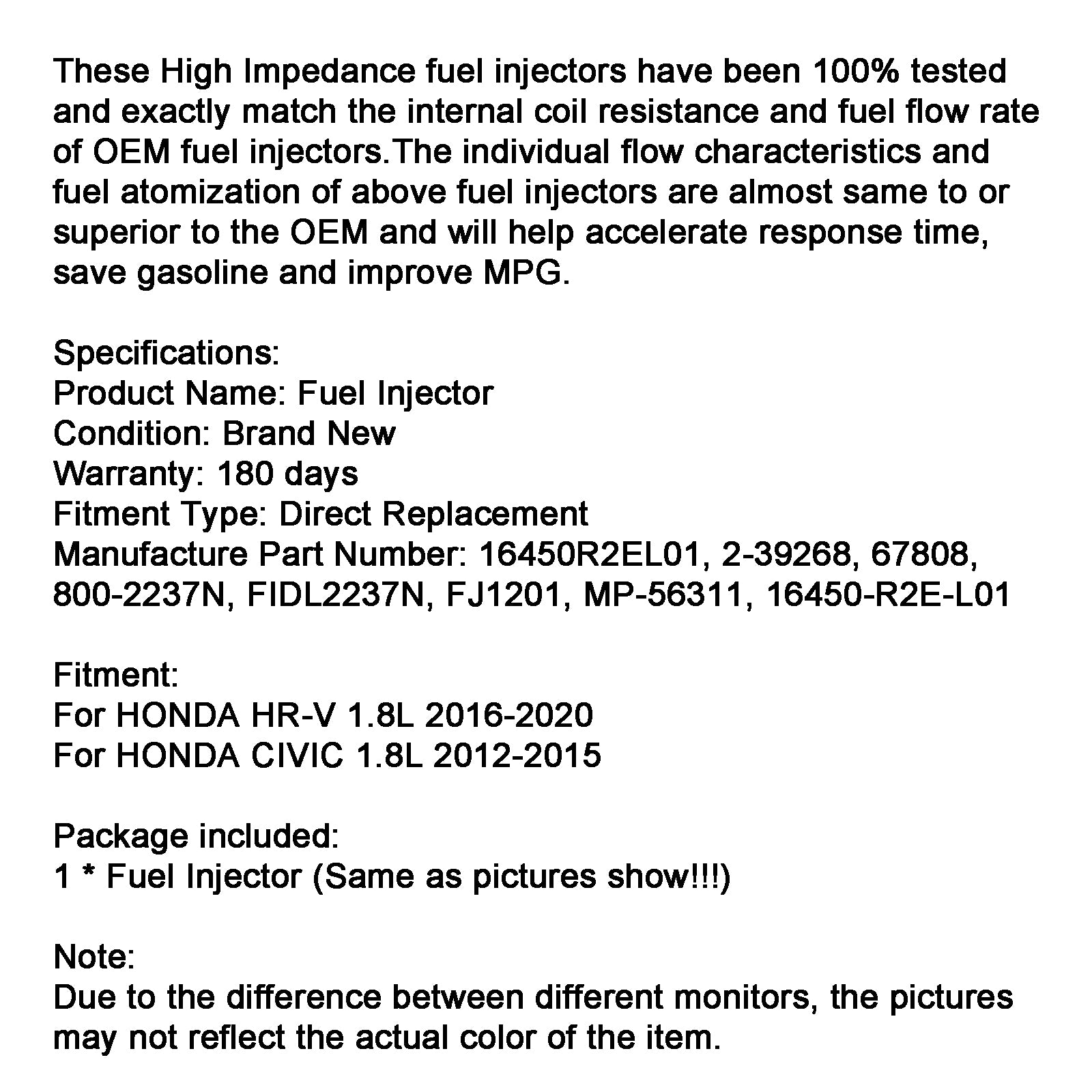 1pcs drivstoffinjektor 16450-R2E-L01 FIT HONDA CIVIC 2012-2015 FIT HRV 16-20 1.8L
