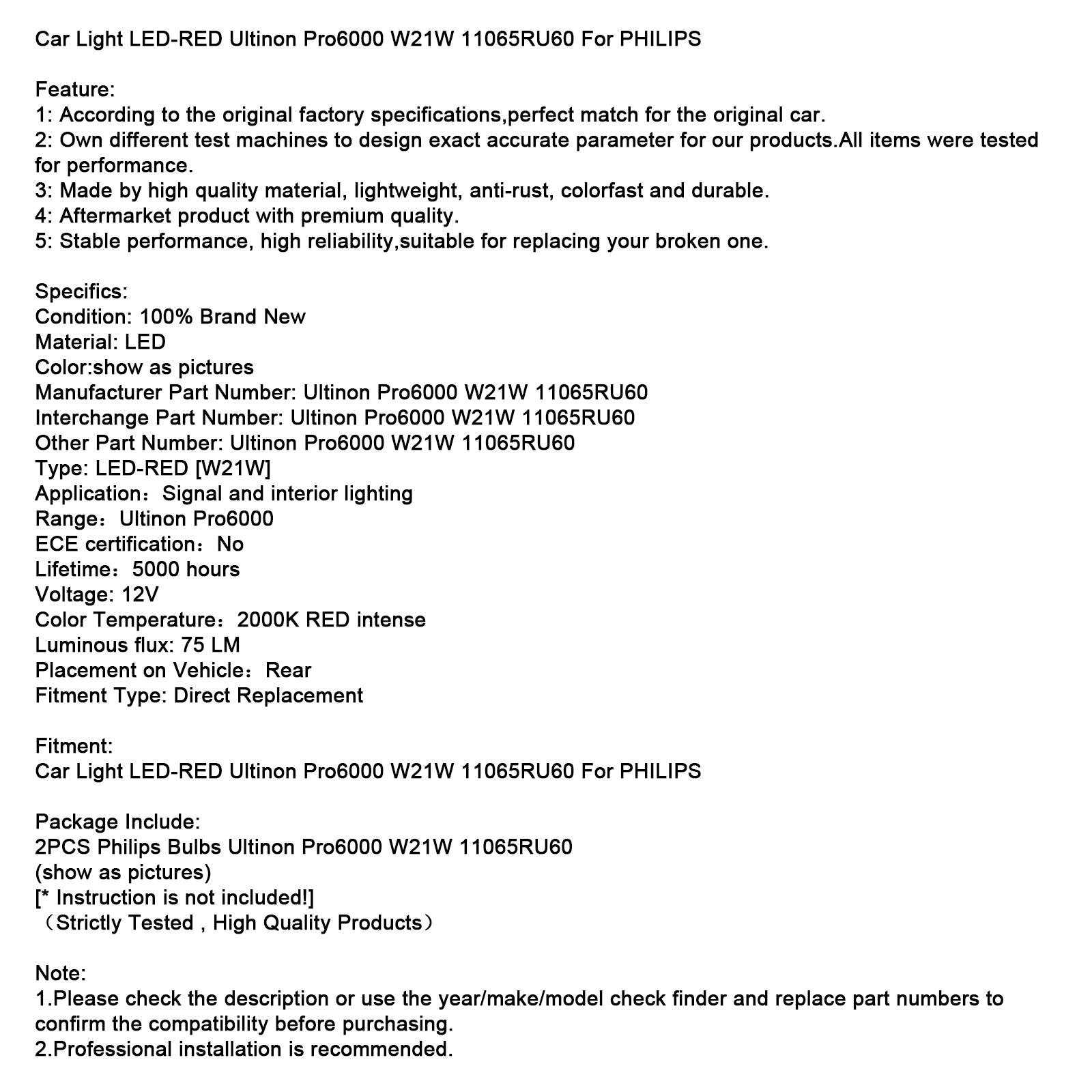 Bilbelysning LED-RÖD Ultinon Pro6000 W21W 11065RU60 För PHILIPS