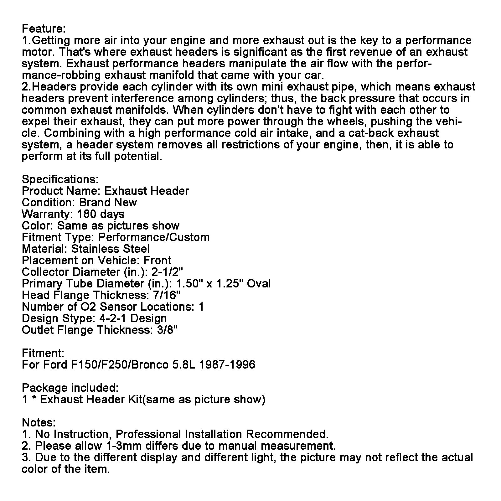 T-304 Shorty výfukových hlavičiek potrubie Ford Ford F150/F250/Bronco 5.8L 1987-96