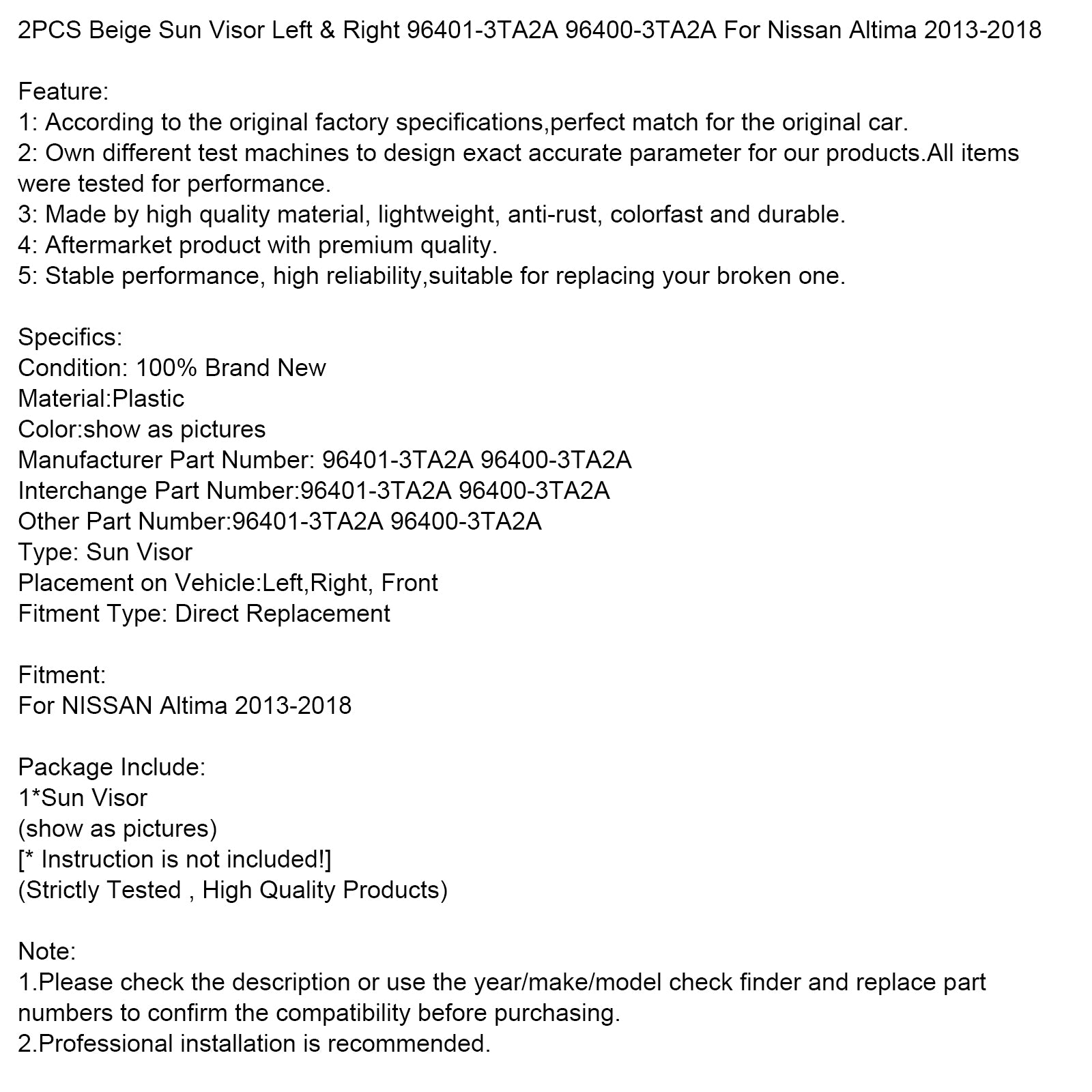 2 piezas de parasol beige izquierdo para Nissan Altima 2013-2018 & Derecha 96401-3TA2A 96400-3TA2A