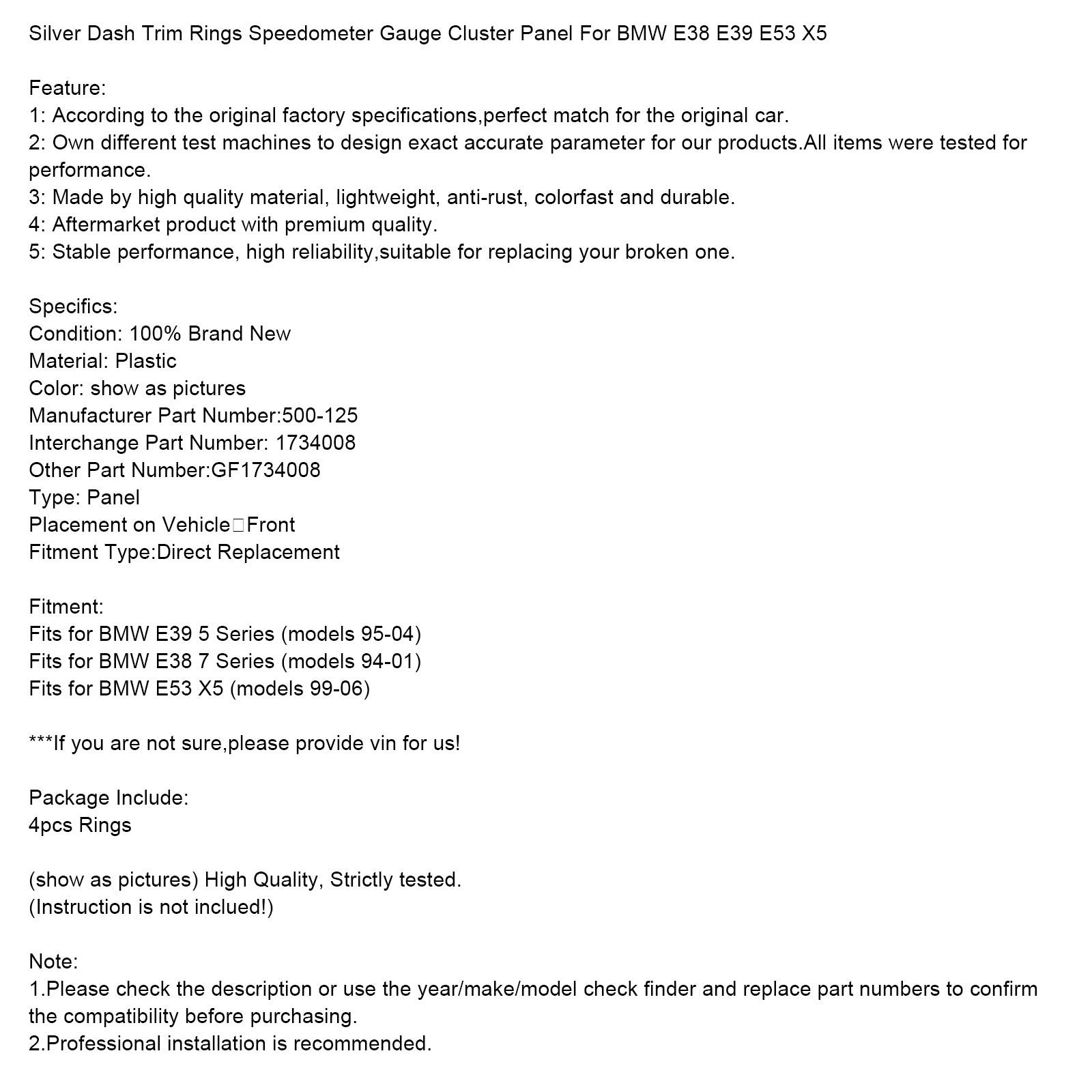 1995-2004 BMW E39 5 Series Silver Dash Trim Rings Speedometer Gauge Cluster Panel 500-125